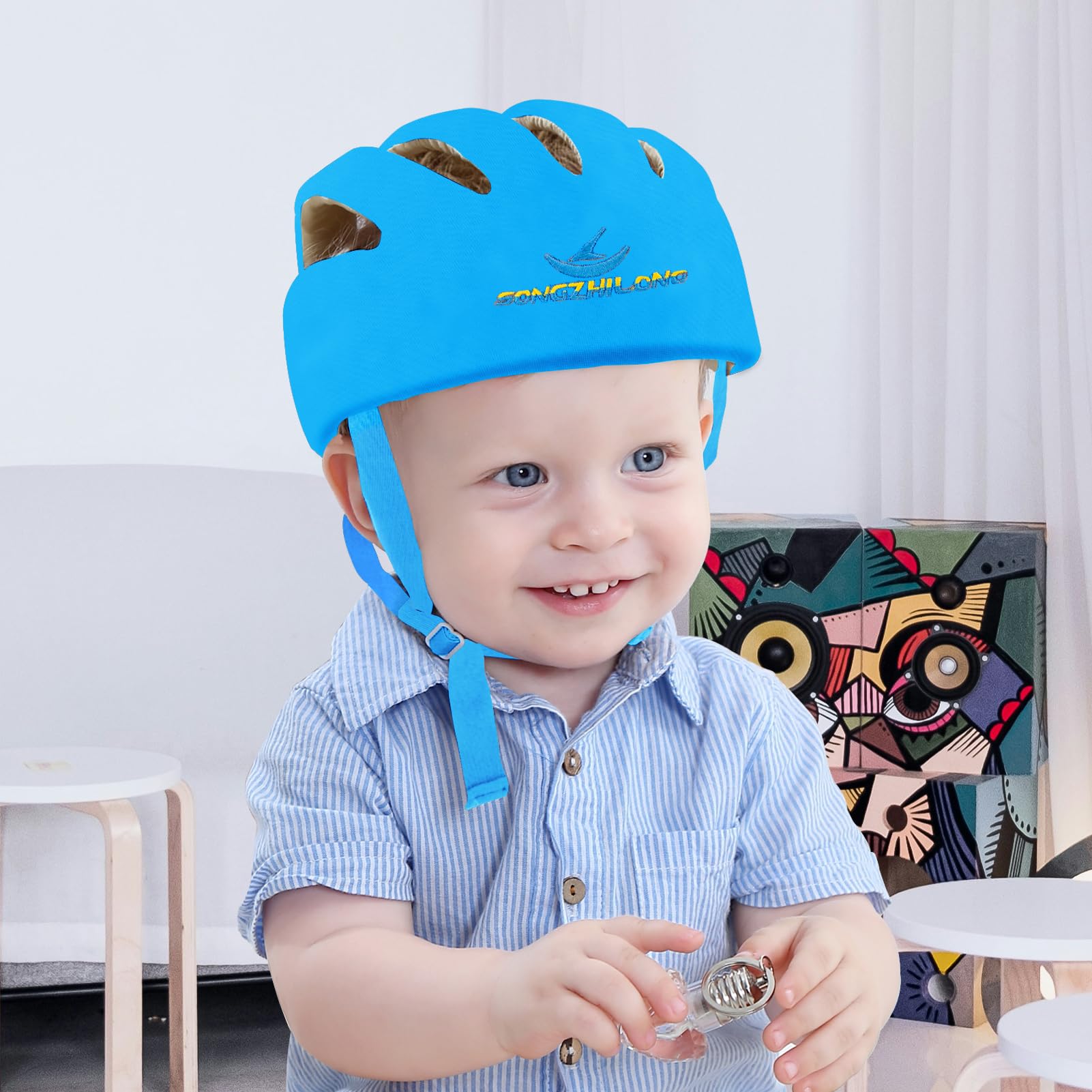 IULONEE Casco Bambino Neonati Cappello di Testa Cotone Regolabile Sicurezza Blu