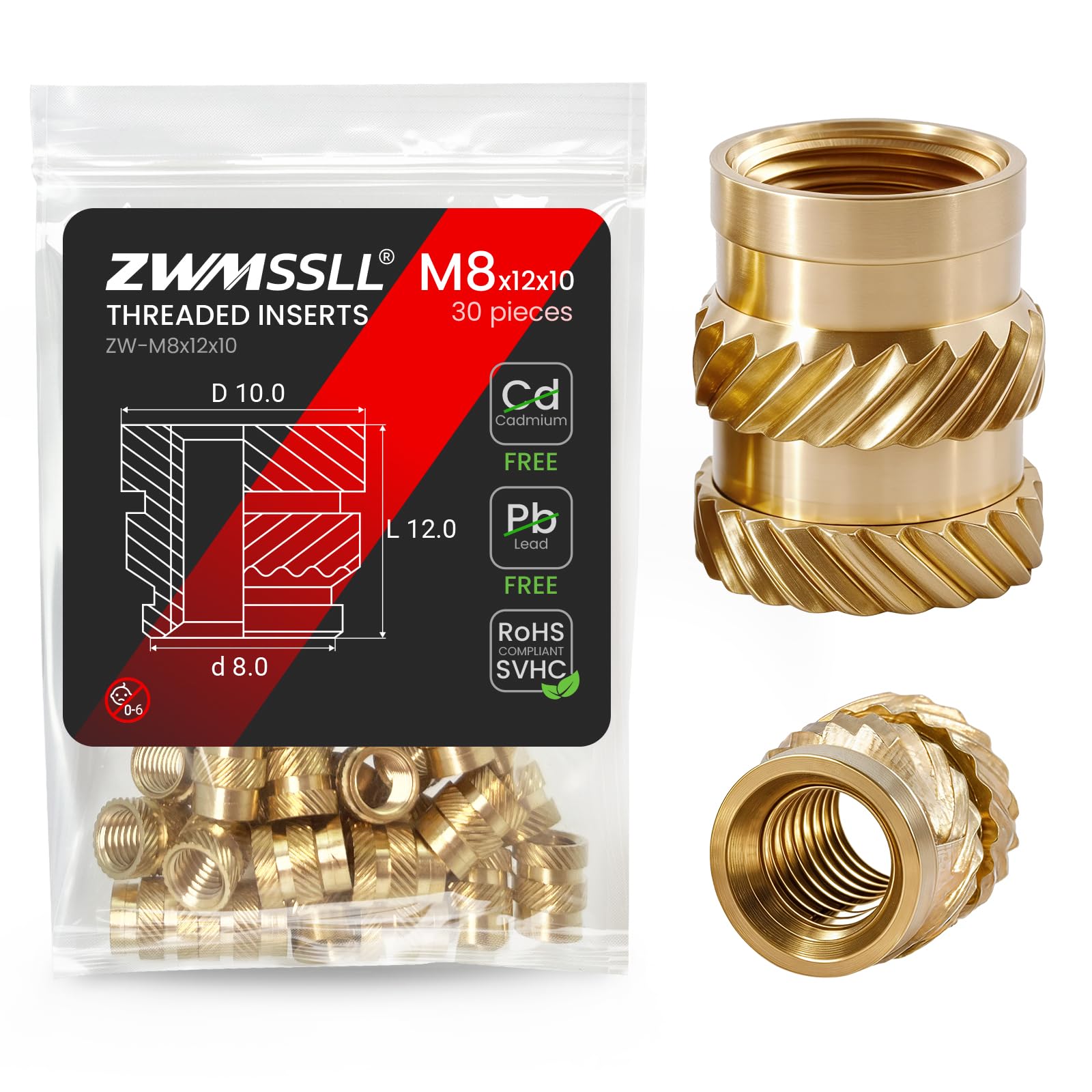 ZWMSSLL M8 Heat-Set Threaded Inserts, M8x12x10mm(30Pieces) Heat Set Insert for 3D Printing Components and Plastic Parts,Brass Metric Knurled Nuts