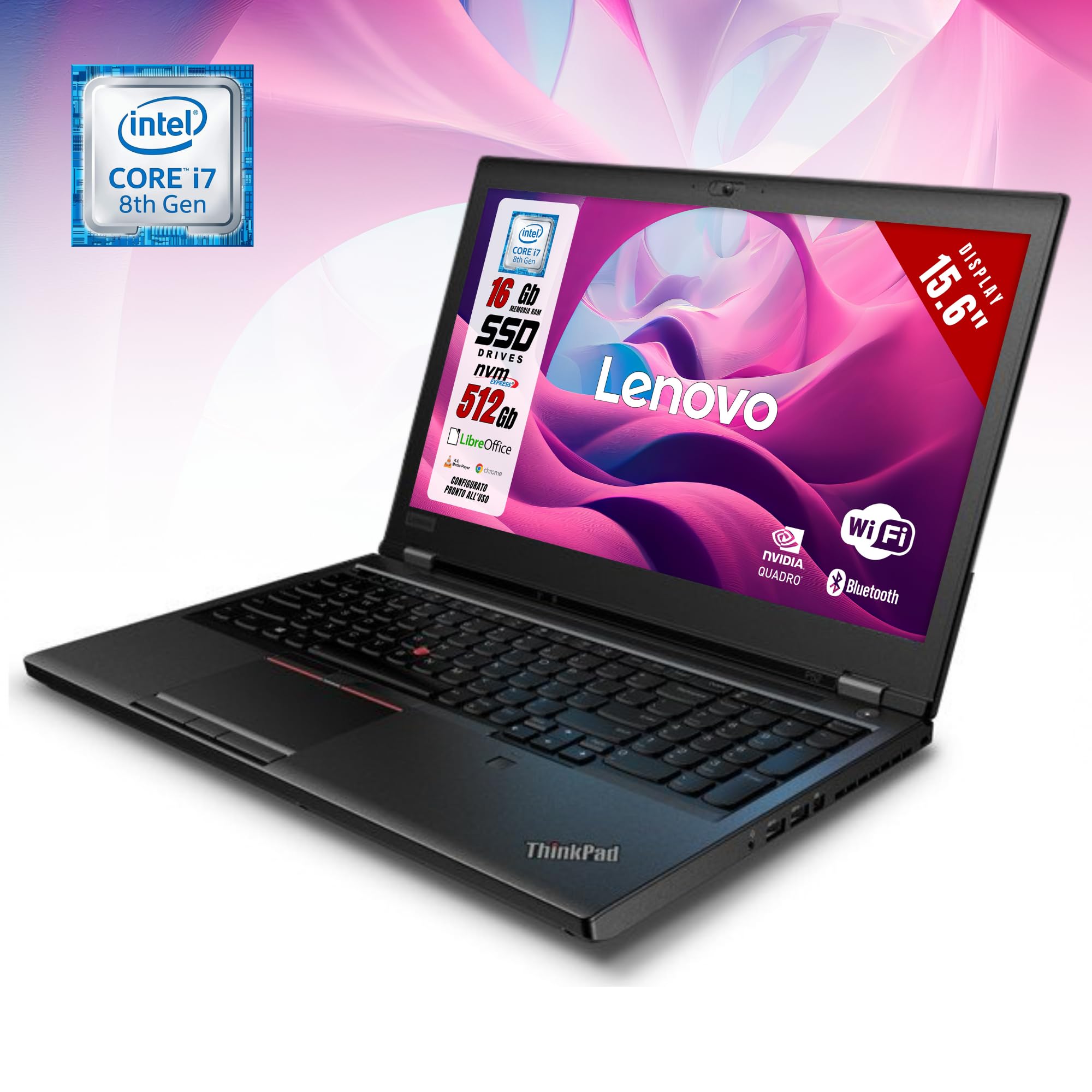 Lenovo ThinkPad, Pc Portatile Notebook Display 15,6 pollici 1920 x 1080 Full HD, Intel i7-8750H Ram 16Gb SSD 512Gb Win 11 GPU Quadro P1000 4Gb (Ricondizionato)