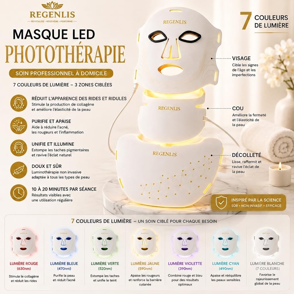 Masque LED Visage et Cou – Appareil de Photothérapie 7 Couleurs, Soin Anti-Rides, Aide à Réduire l'Apparence des Rides, Améliore l'Éclat de la Peau.