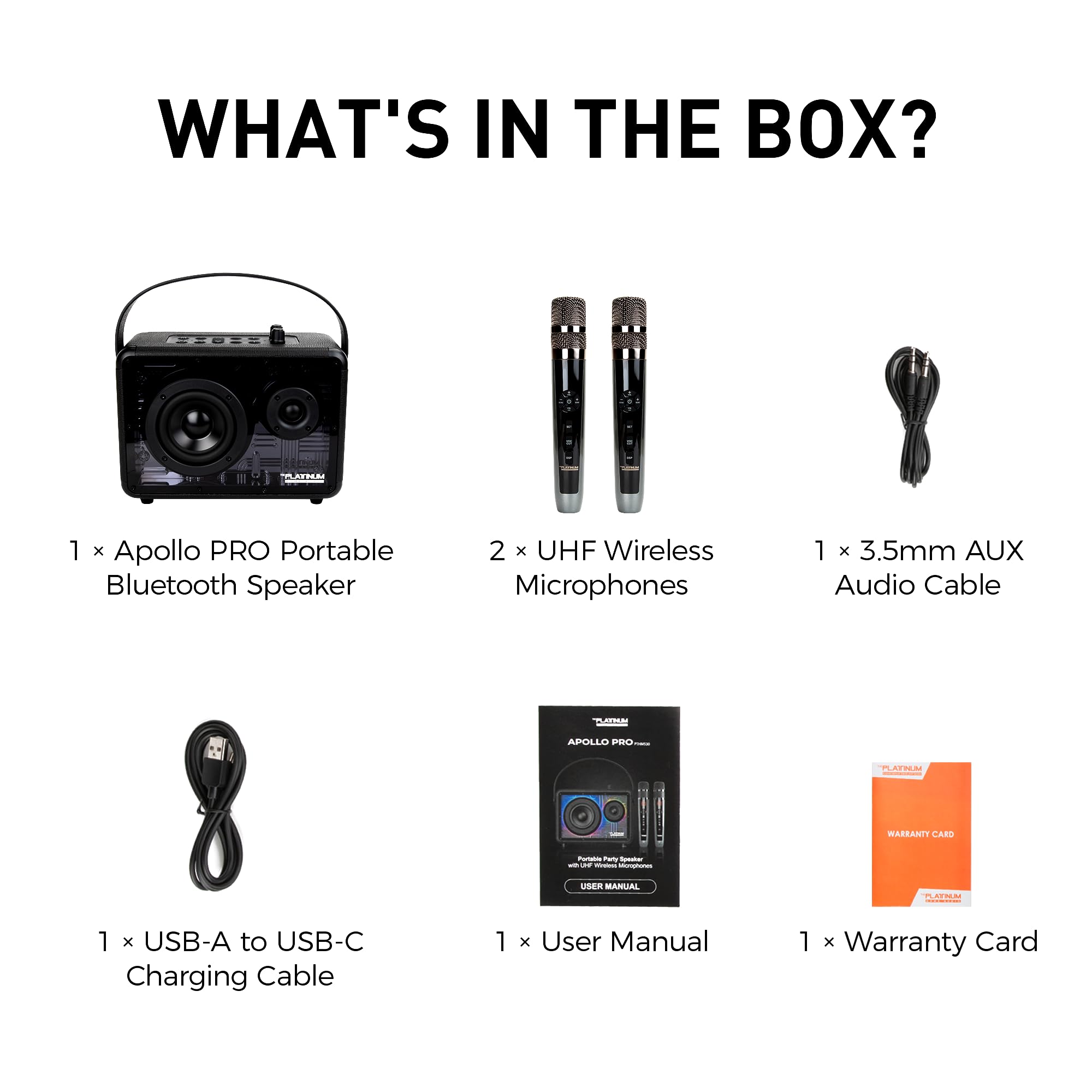 The Platinum Apollo Pro - Altoparlante portatile Bluetooth da esterno con 2 microfoni wireless, macchina per karaoke per adulti e bambini, batteria da 4000 mAh, supporto TWS/USB/TF/AUX, per casa e