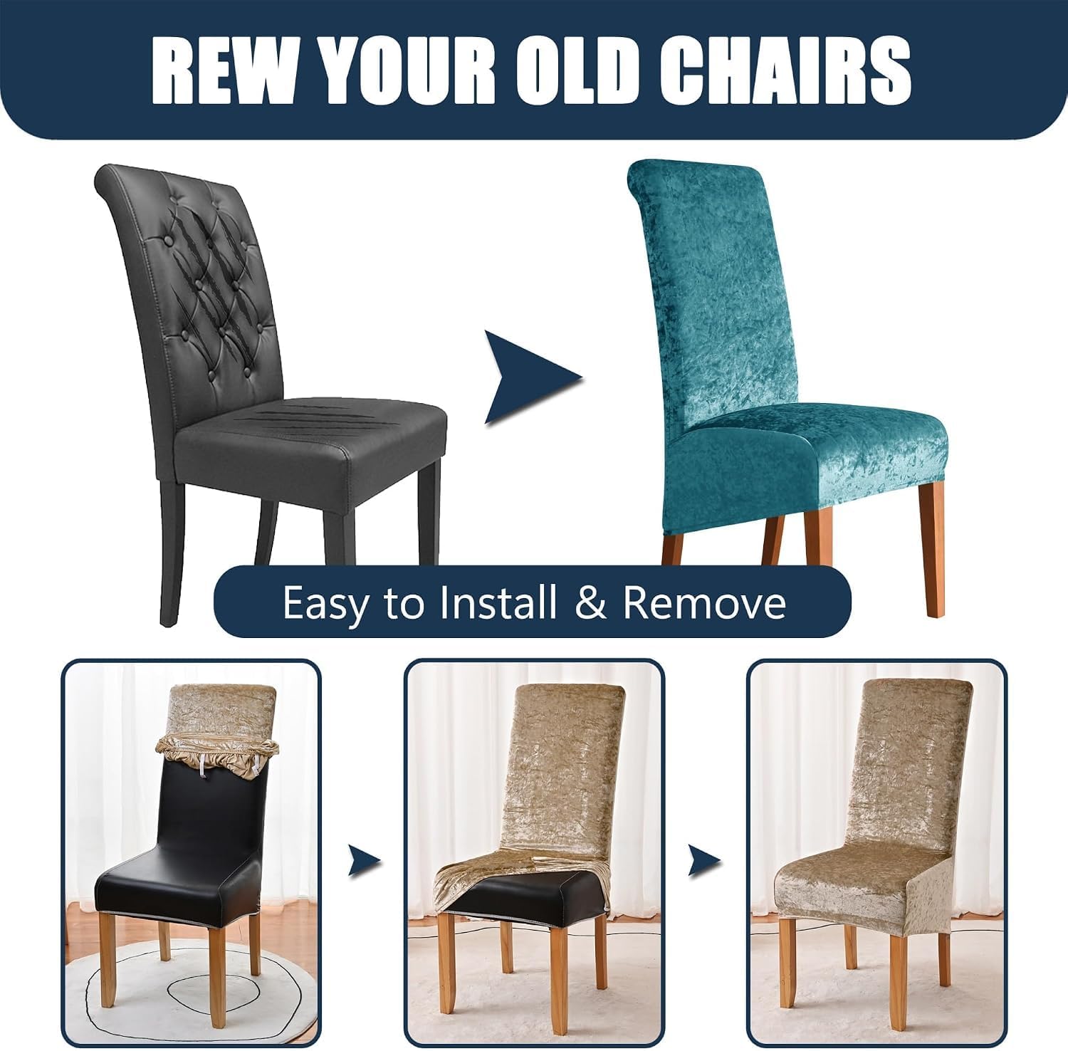 Velvet Stretch High Back Dining Chair Covers, XL Oversized Parsons Chair Slipcovers, Washable Seat Protector (6PCS)