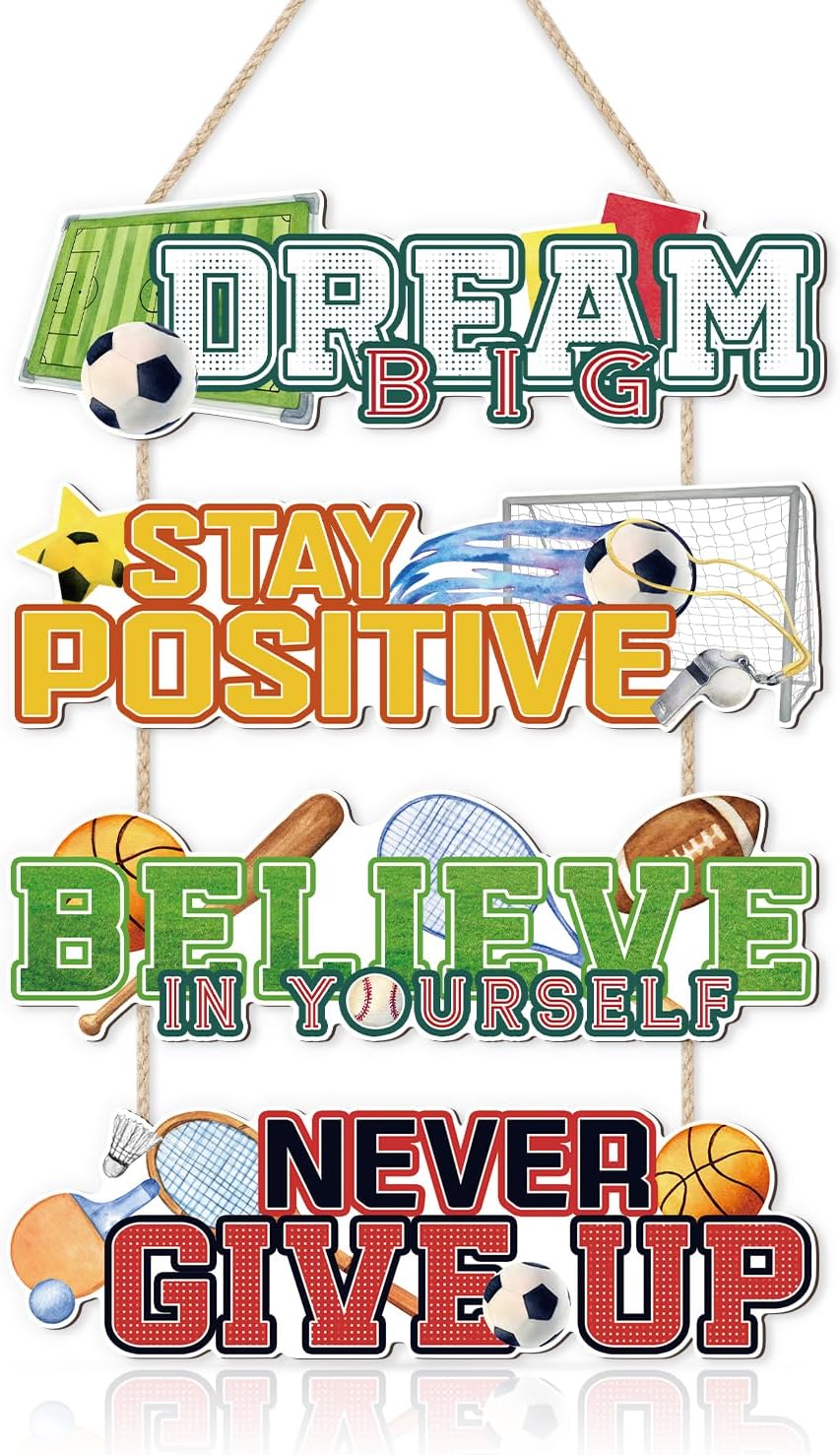 KAIRNE Football Wall Art,Football Wooden Sign for Boys Room,Soccer Hanging Sign,Football Bedroom Accessories,Baseball Plaque,Inspirational Quotes Wall Art for Kid Room,Sports Sign For Nursery Playroom