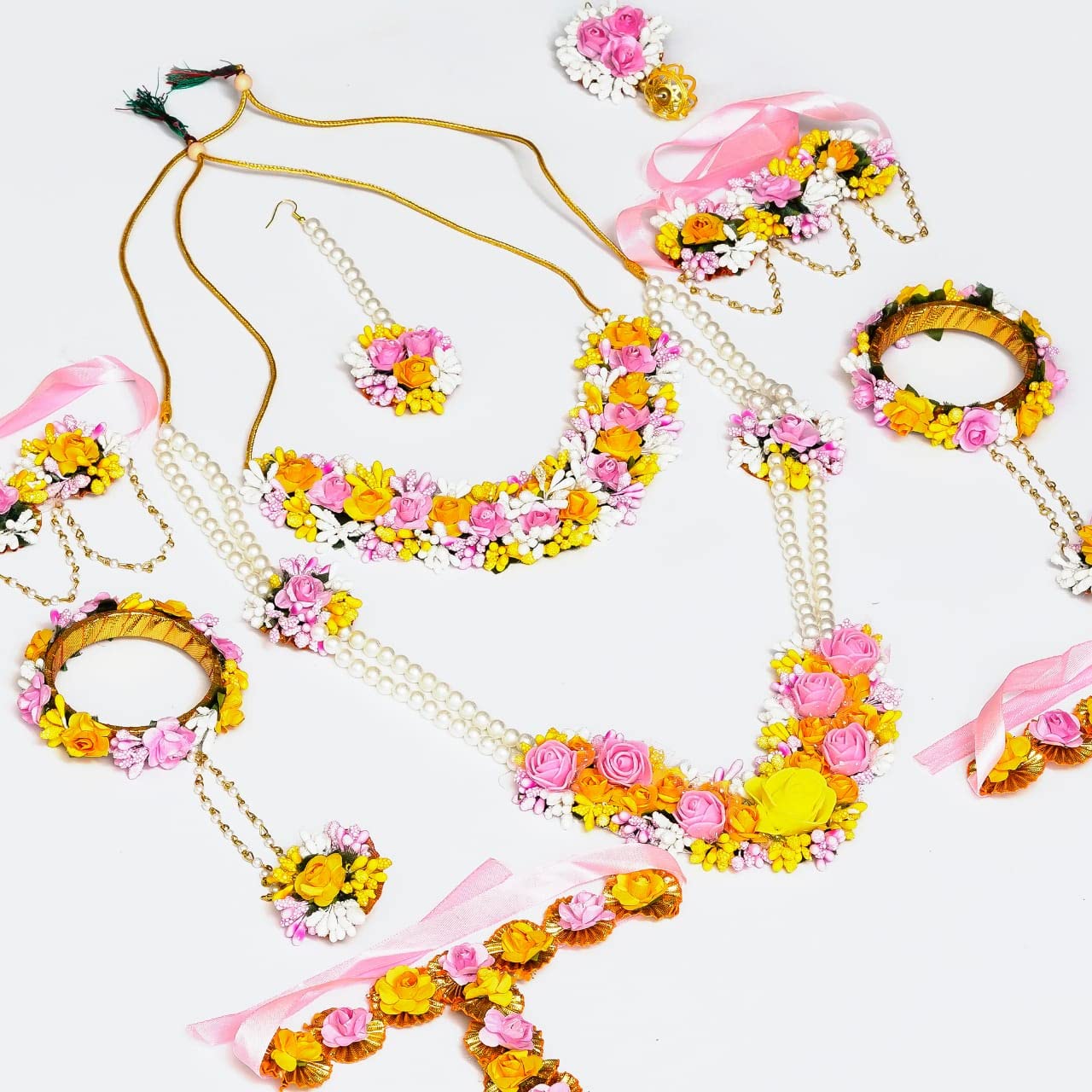 Sanvatsar Beautiful Set With Mangteeka Pair of Earings, Hand Jewellery For Marriage, Mehndi Function, Sangeet, Bride Haldi Return Gift Set Of 9 For Women (B08L3BF3QS) Amazon Price History, Amazon Price Tracker