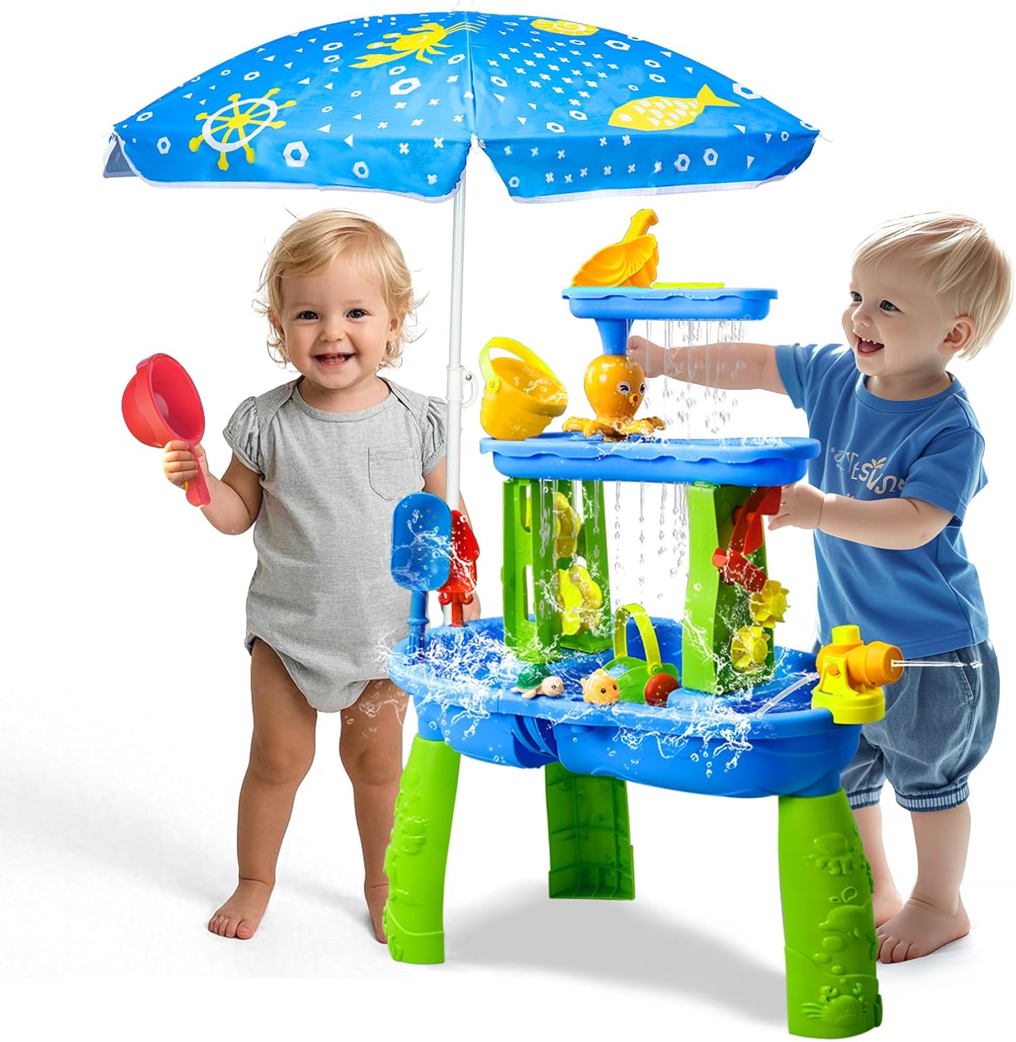 Water Table for Toddlers 1-3-5, Toddler Sand Table, Kids Water Table with Umbrella for Outside Kids Ages 4-8, Bright Blue