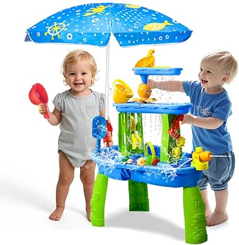 AuntyFey Water Table for Toddlers 1-3-5, Toddler Sand Table, Kids Water Table with Umbrella for Outside Kids Ages 4-8, Bright Blue