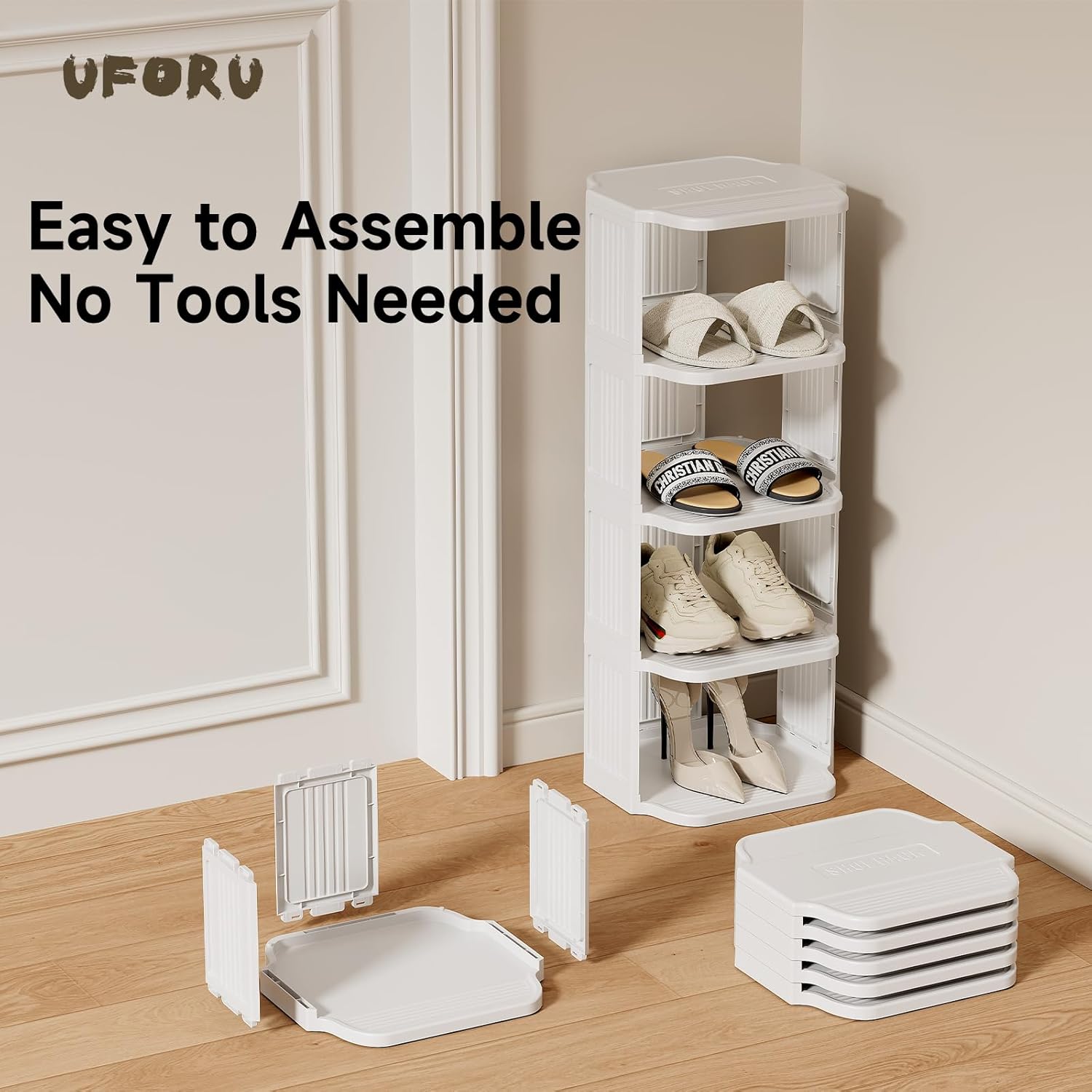 Small Shoe Rack, 5 Tier Plastic Vertical Shoe Rack for Small and Narrow Spaces, Free Standing Shoe Organizer for Closet, Entryway
