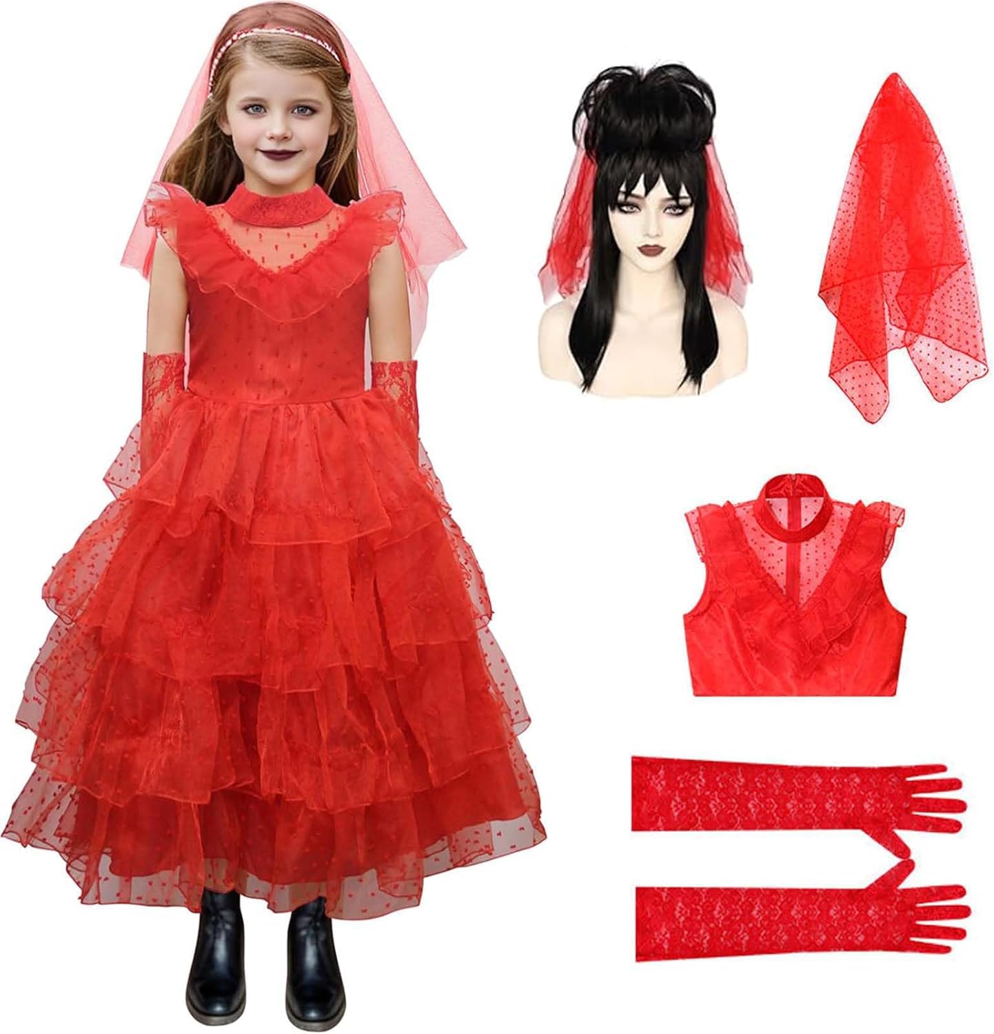 Lydia Deetz Costume Dress Girls 4PCS Corpse Bride Lydia Dress Red Wedding Outfits with Veil Wigs Halloween Cosplay 150
