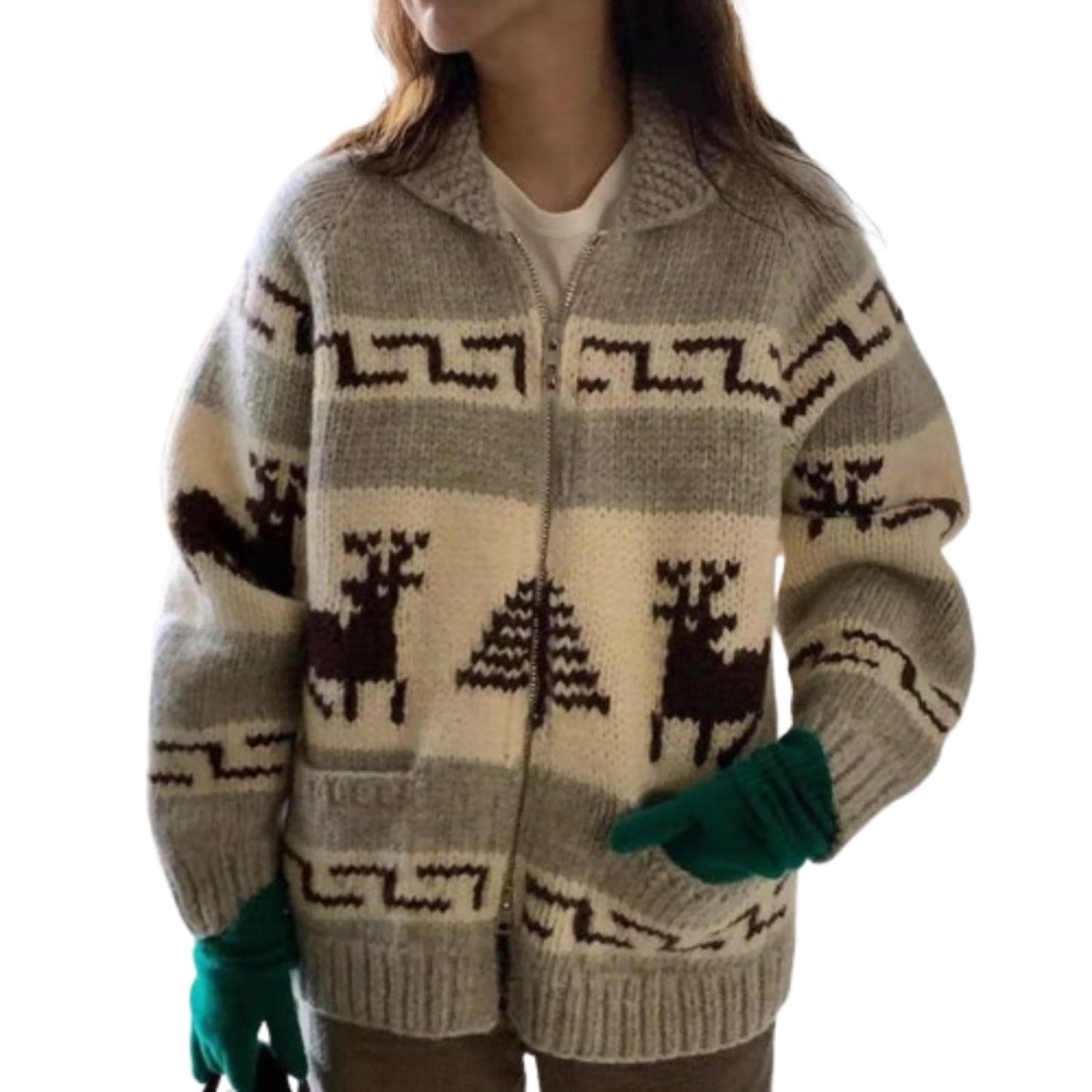 AQMR Nordic Vintage Christmas Cable Knit Sweaters for Women Zip up Lapel Collar Long Sleeve Horse Sweaters Icelandic