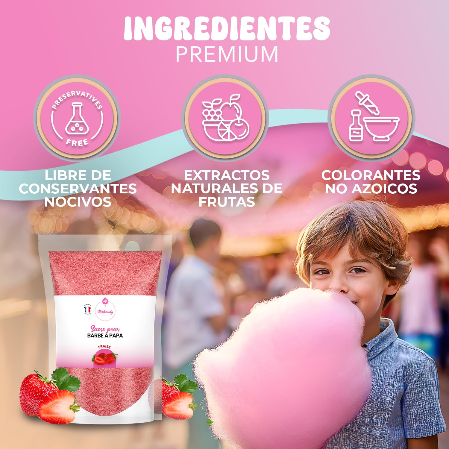Misskandy Azúcar para Algodón de Azúcar Fresa 500GR Sabores Naturales