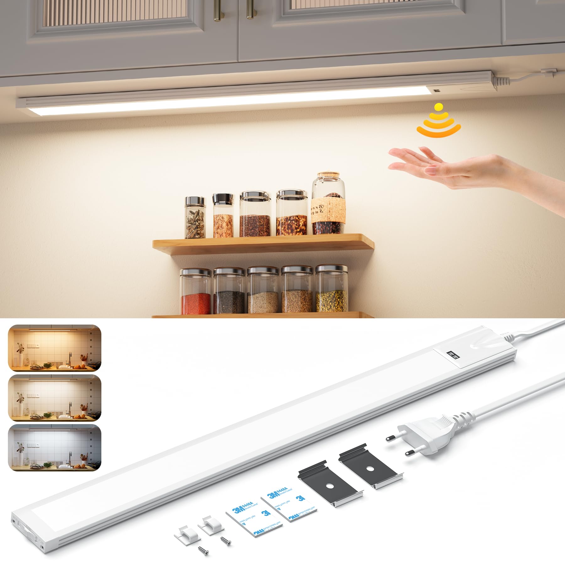 Lureshine Unterbauleuchte Küche LED Dimmbar, 41CM Unterschrank Beleuchtung Küche mit Berührungsloser Sensor,3 Farbtemperatur Küchenlicht, Ultra Dünn Hell Lichtleiste für Schrank,Regale,Werkbank, 700LM