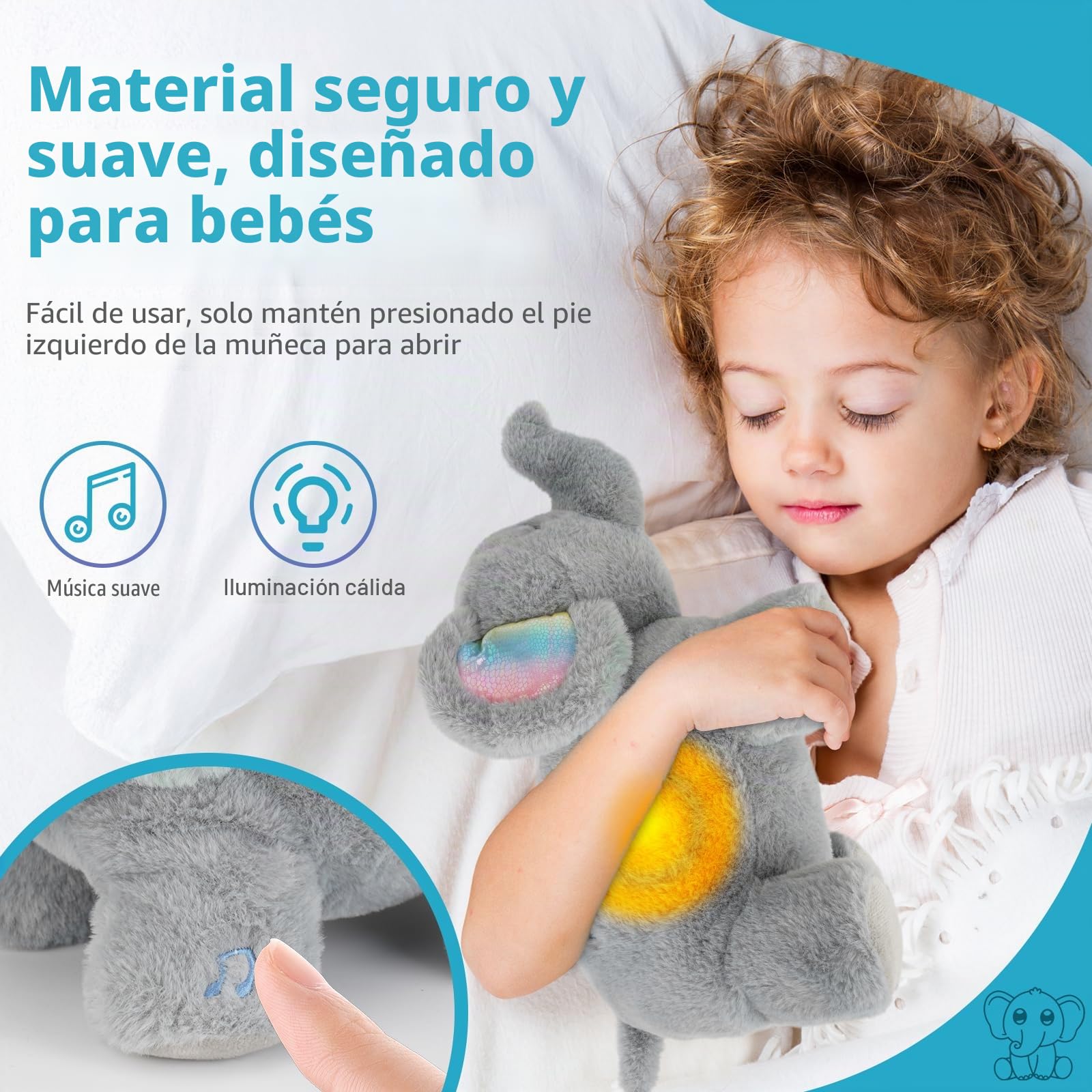 Elefante Dormilón Peluche Musical, Elefante que Respira para la Ansiedad - Peluche con Ruido Blanco para Bebés