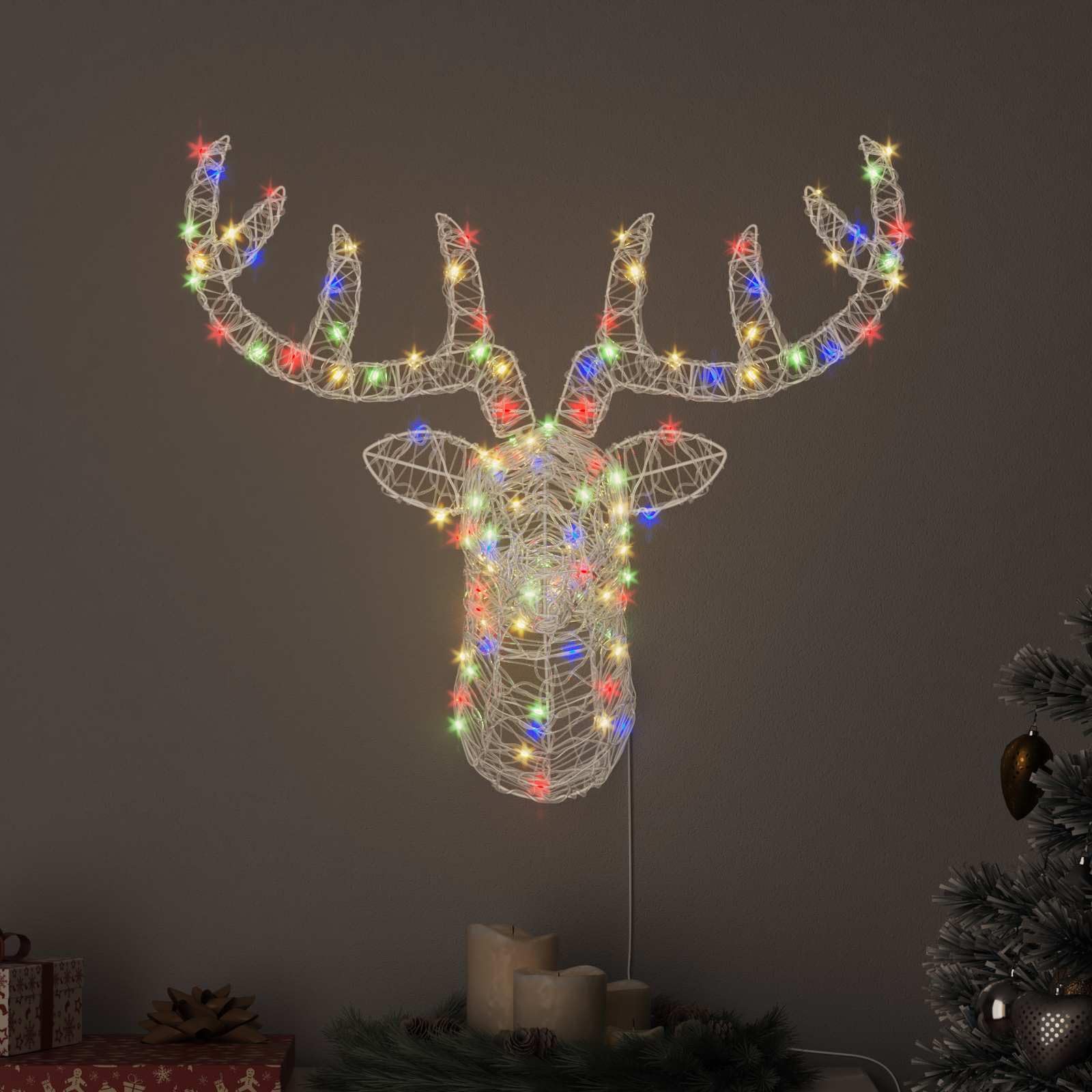 Tête de renne 140 LED acrylique multicolore décor festive de Noël 68cm
