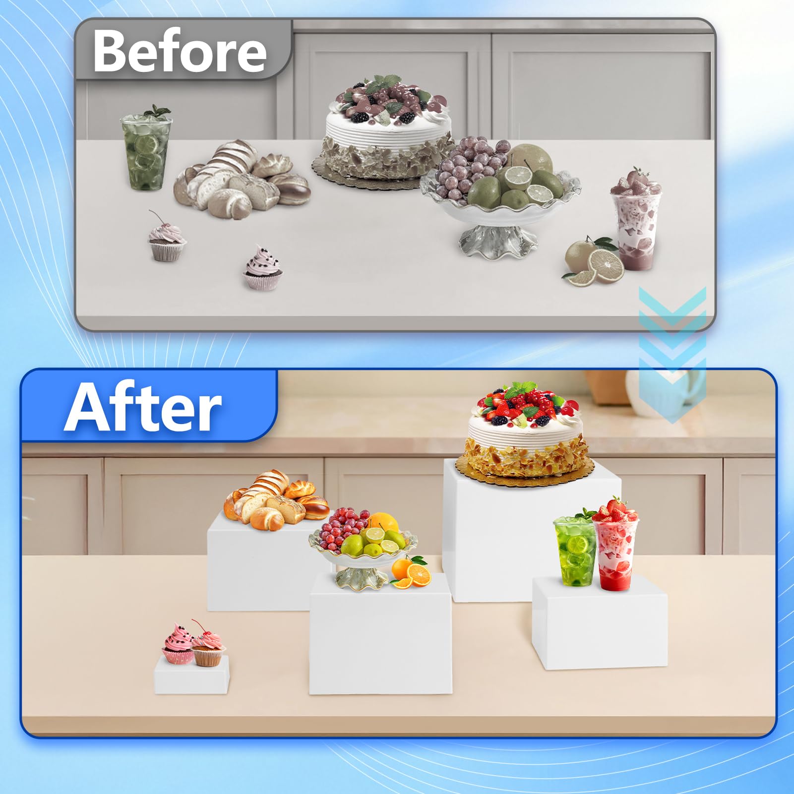 Wakects Lot de 6 Support à Buffet, Presentoir a Gateau Cube Présentoir Acrylique Emboîtable avec Fonds Creux pour Desserts, Buffets, Cosmétiques, Pièces de Collection Display (Blanc)