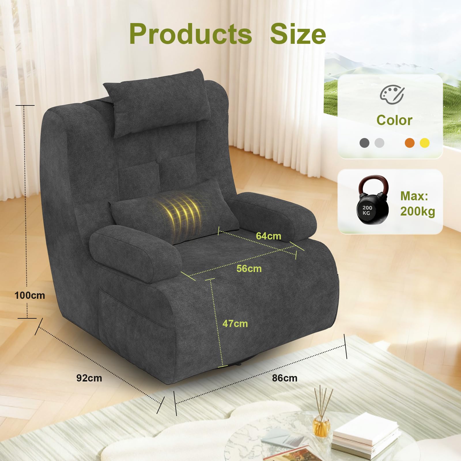 Fauteuil Salon pour Salon avec 2 Coussins Supplémentaires, Dossier et Coussin Rembourrés, 2 Poches Latérales, 360° Fauteuil Pivotant per Home Cinéma, Fauteuil Surdimensionné à Dossier Haut