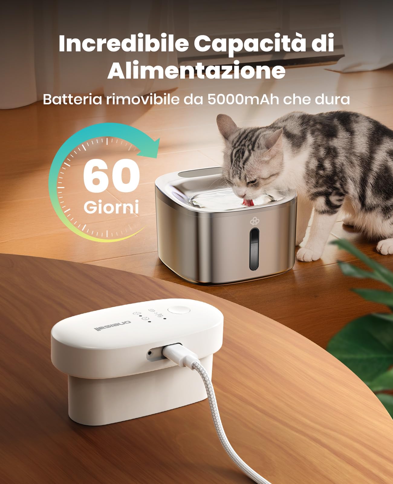 oneisall Fontana per gatti senza fili, Fontana per gatti da 3,5L in acciaio inox, batteria da 5000 mAh, fontanella per gatti con rilevatore di movimento, pompa dell'acqua silenziosa, 3 filtri
