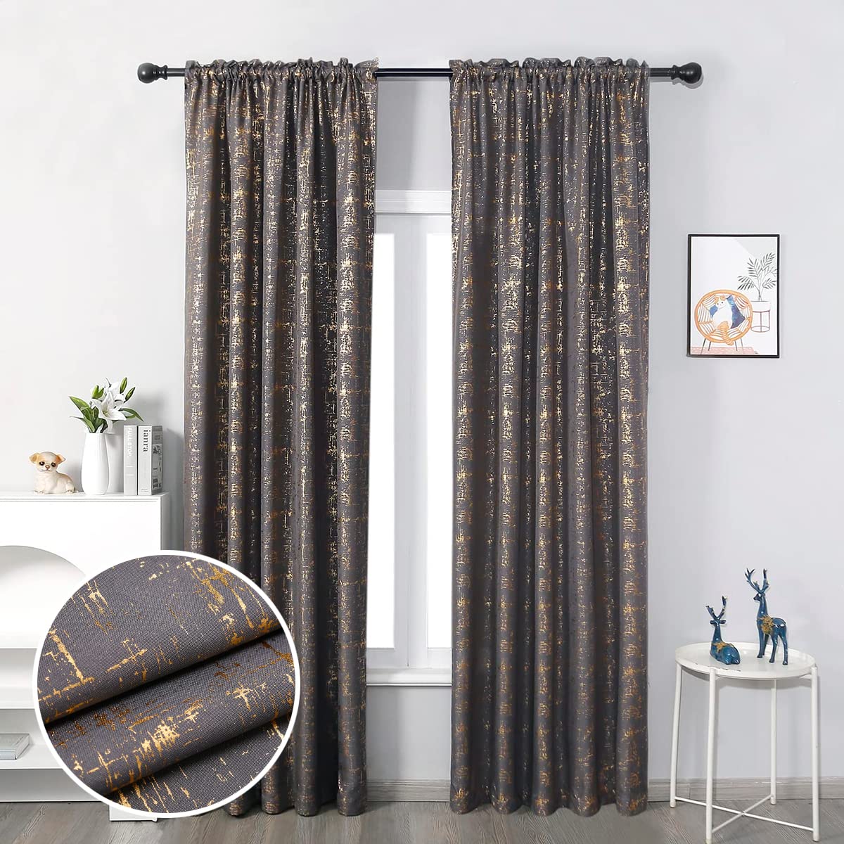 Taisier Home Gold Foil Print Linen Textured Curtains Geometric Dots Pattern Design Curtains for Bedroom Light Filtering Window Treatment 2 Panels 95" L,Soft Grey and Gold Curtains Print