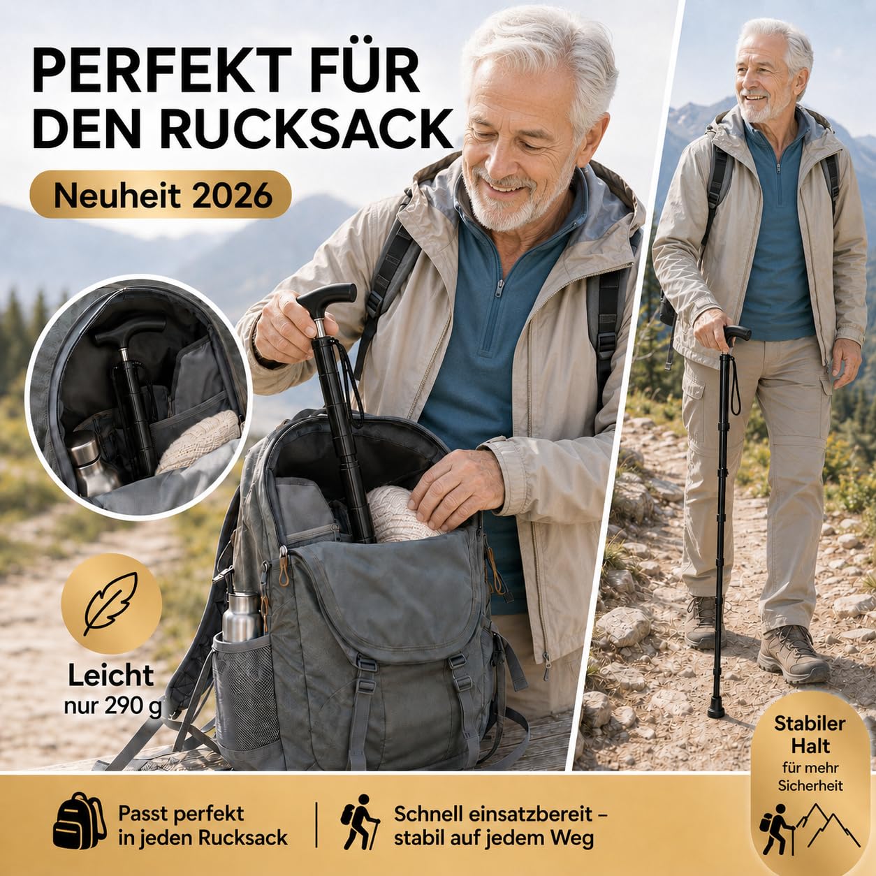 Bastón telescópico [41 – 86 cm] Premium para la bolsa, ultraligero 300 g, soporta hasta 150 kg, mango cómodo antideslizante, bastón estable de altura ajustable