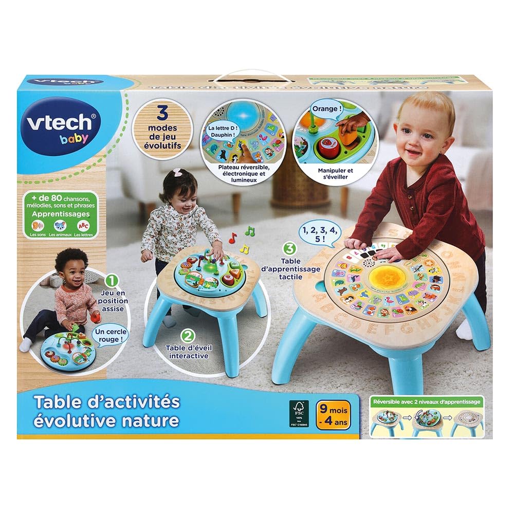 VTech - Table d'Activités Évolutive Nature, Table Multi-Jeux Bébé Réversible et Interactive Partiellement en Bois, Jouet d'Éveil Musical, Trieur de Formes, Cadeau Bébé Dès 9 Mois - Contenu en Français