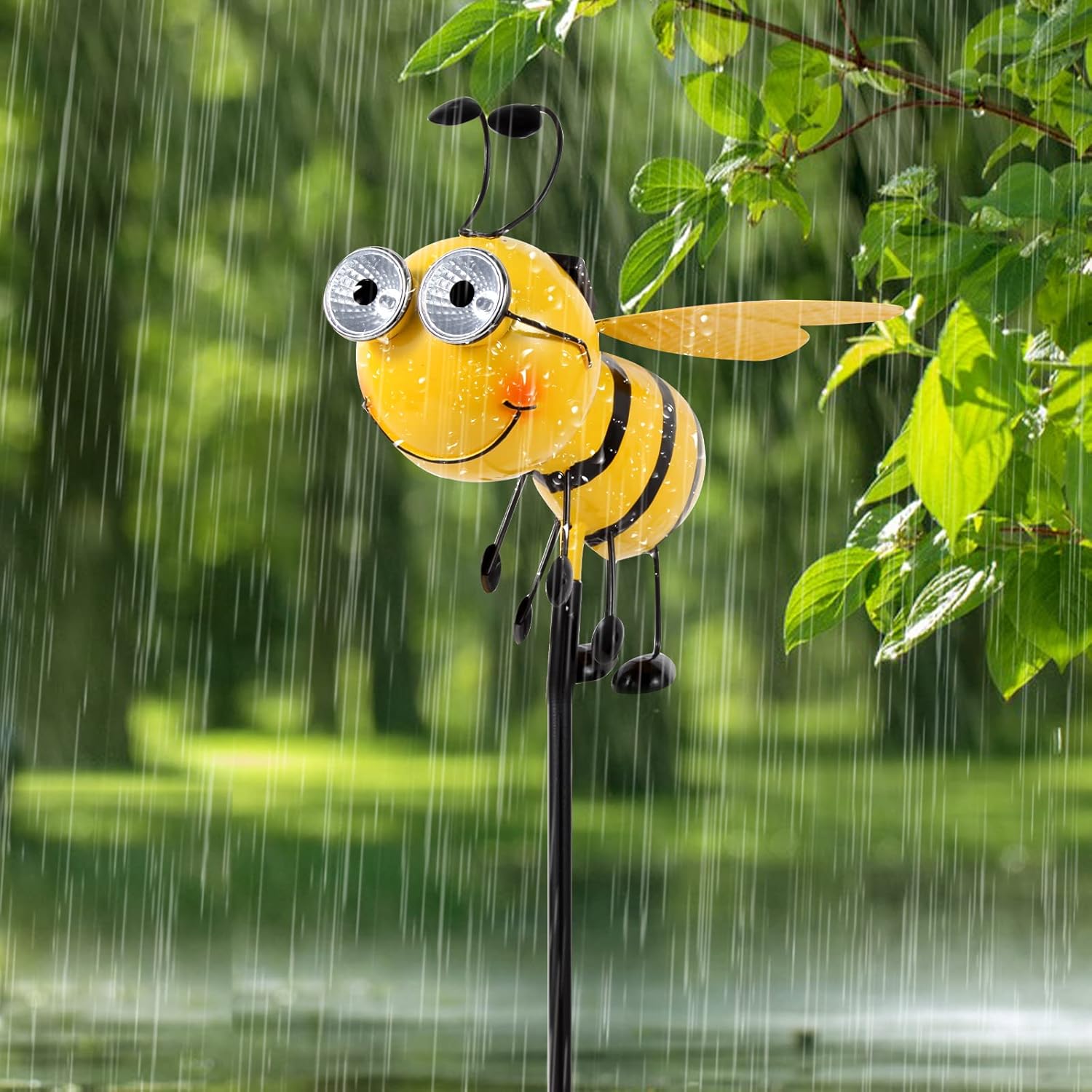 Metal Bee with Solar Light Eyes Bee Yard Art Garden Decorations - Decorative Garden Stakes for Garden Lawn Fence Backyard Patio Outdoor Wall Art Gifts