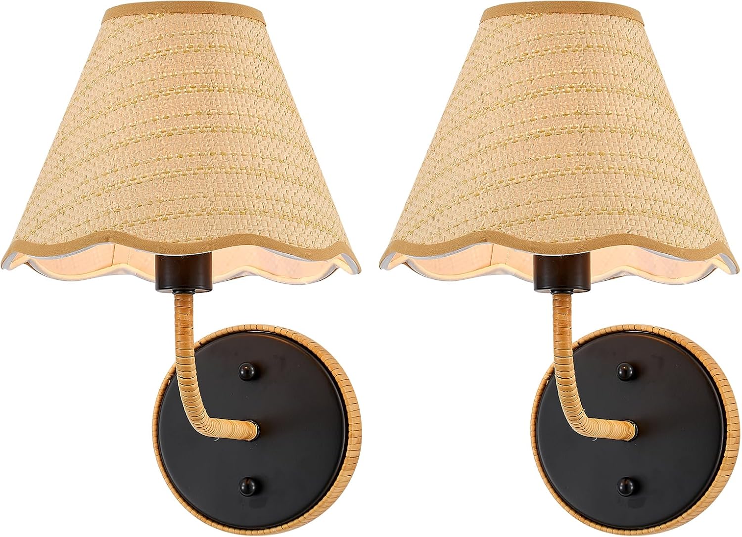 Elycucpa 11” Boho Hand Woven Rattan Wall Sconces Set of Two Rustic Industrial Wall Lamp Black Farmhouse Wall Lights for Bedroom Living Room Hallway Vanity, UL Listed