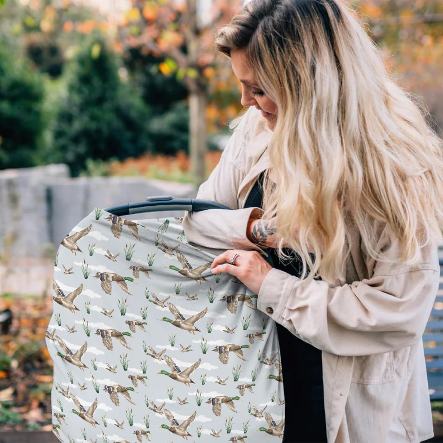HawSkgFub Mallard Duck Hunting 5-in-1 Car Seat Cover for Baby Boy Girl Gift, Blue Wild Animal Hunter Reed Privacy Breastfeeding Nursing Cover, Newborn Infant Multi-use Carseat Canopy Carrier
