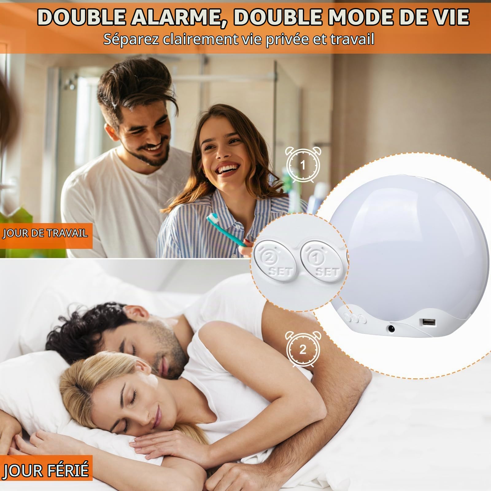 Réveil lumineux à lumière du jour, simulation de lever et coucher de soleil, radio FM, 5 sons de la nature, 2 alarmes, snooze, 12 couleurs de lumière, 20 niveaux de luminosité, lampe de