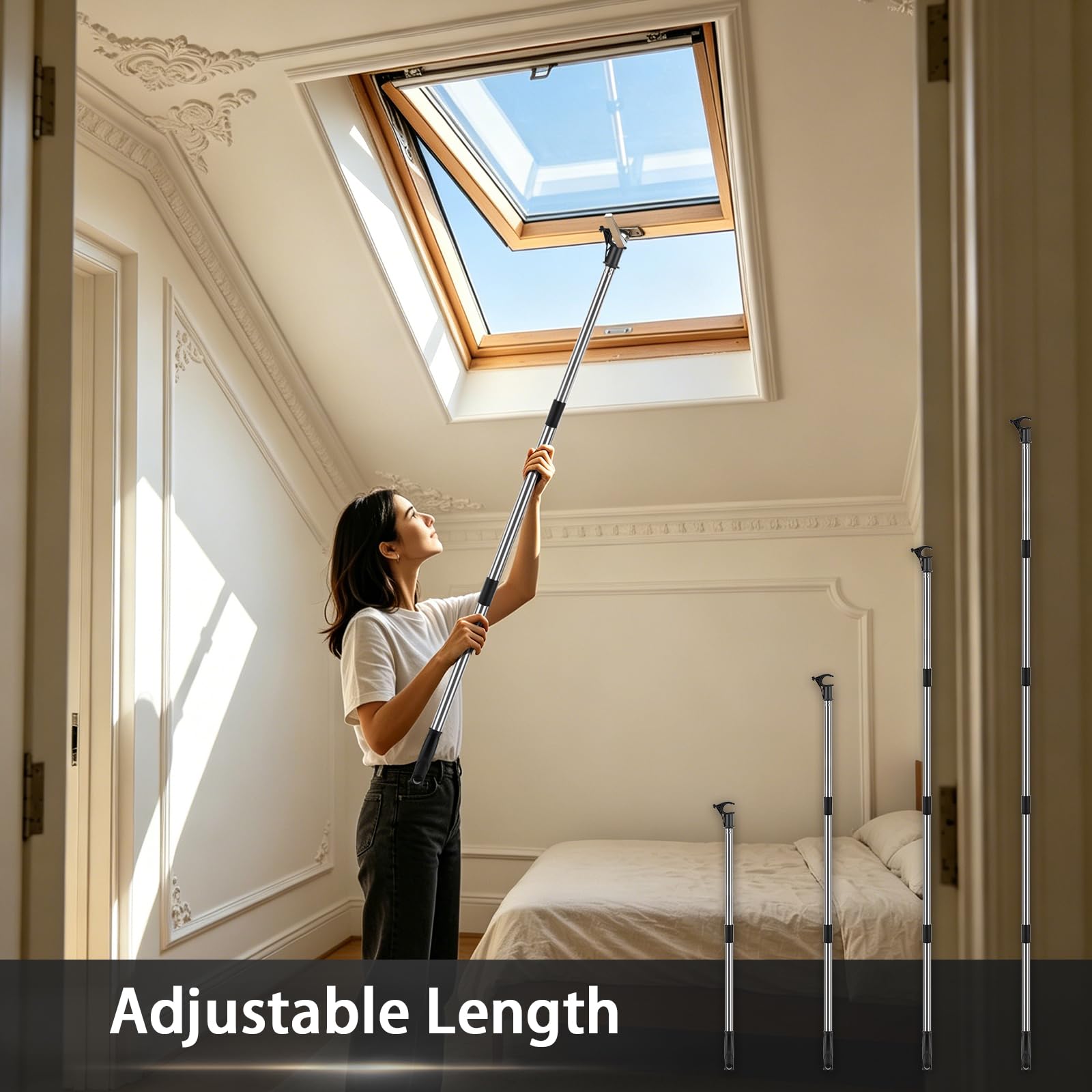 Asta telescopica per lucernario 1.9m, Acciaio Inox con Gancio Universale, per lucernari Velux GGL/GGU e tapparelle, Bastone telescopico per finestra da tetto