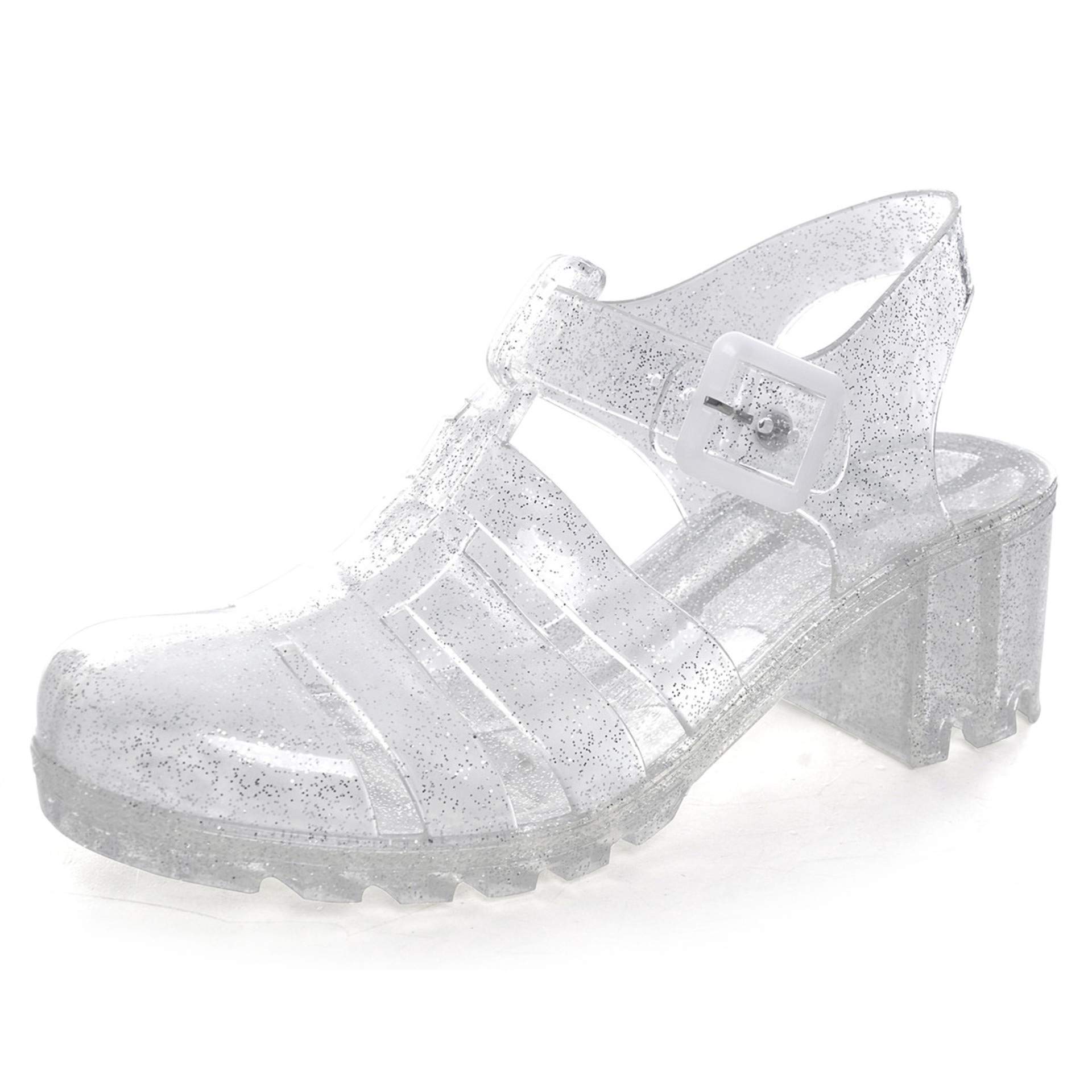 LUXINYU Women Jelly Sandals Adjustable Buckle T-Strap Round Toe Slingback Bling Flats Summer Fisherman's Sandal Glitter Rain Shoes