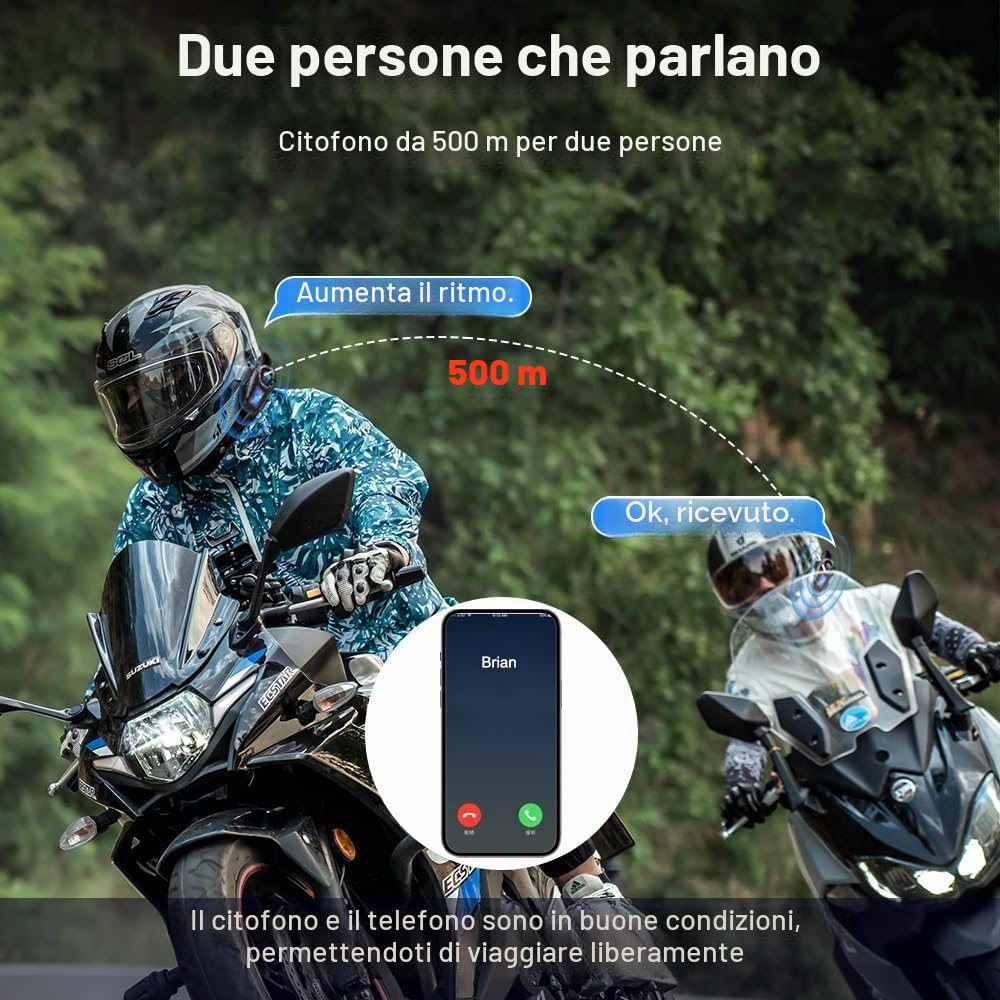 OBEST Interfono Moto Casco Auricolare 500M, Bluetooth Auricolare Casco Moto, Supporta FM Radio/TF Carta/Siri, Condividi Musica, IP65 Interfono Sistema Comunicazione con Luce Atmosferica, 1000mAh