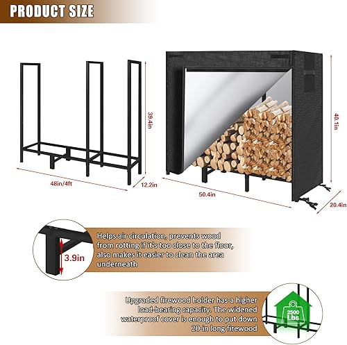 Vista 11 de KYATE Estante de leña de 8 pies para exteriores con cubierta ajustable, almacenamiento de madera para interiores, troncos pesados, soporte apilador