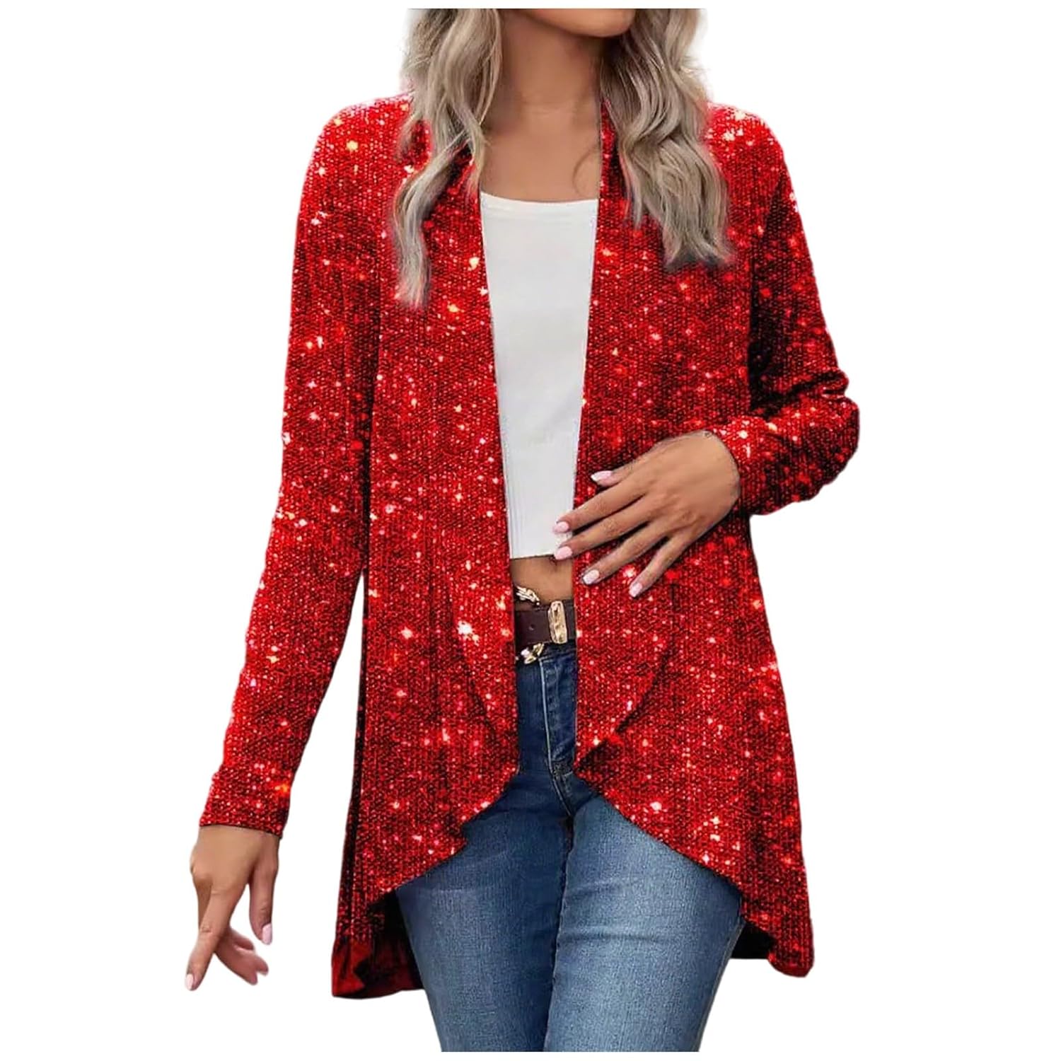 Sequin Cardigan for Women Long Sleeve Open Front Tops Fashion Sparkly Glitter Holiday Festival T-Shirts Coats