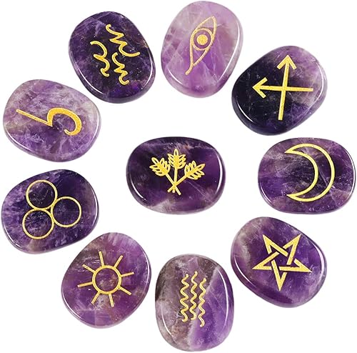 Rockcloud Juego de runas de brujas con símbolo gitano de amatista de cristal curativo, piedras de chakra, piedra de palmera, equilibrio de reiki, 10