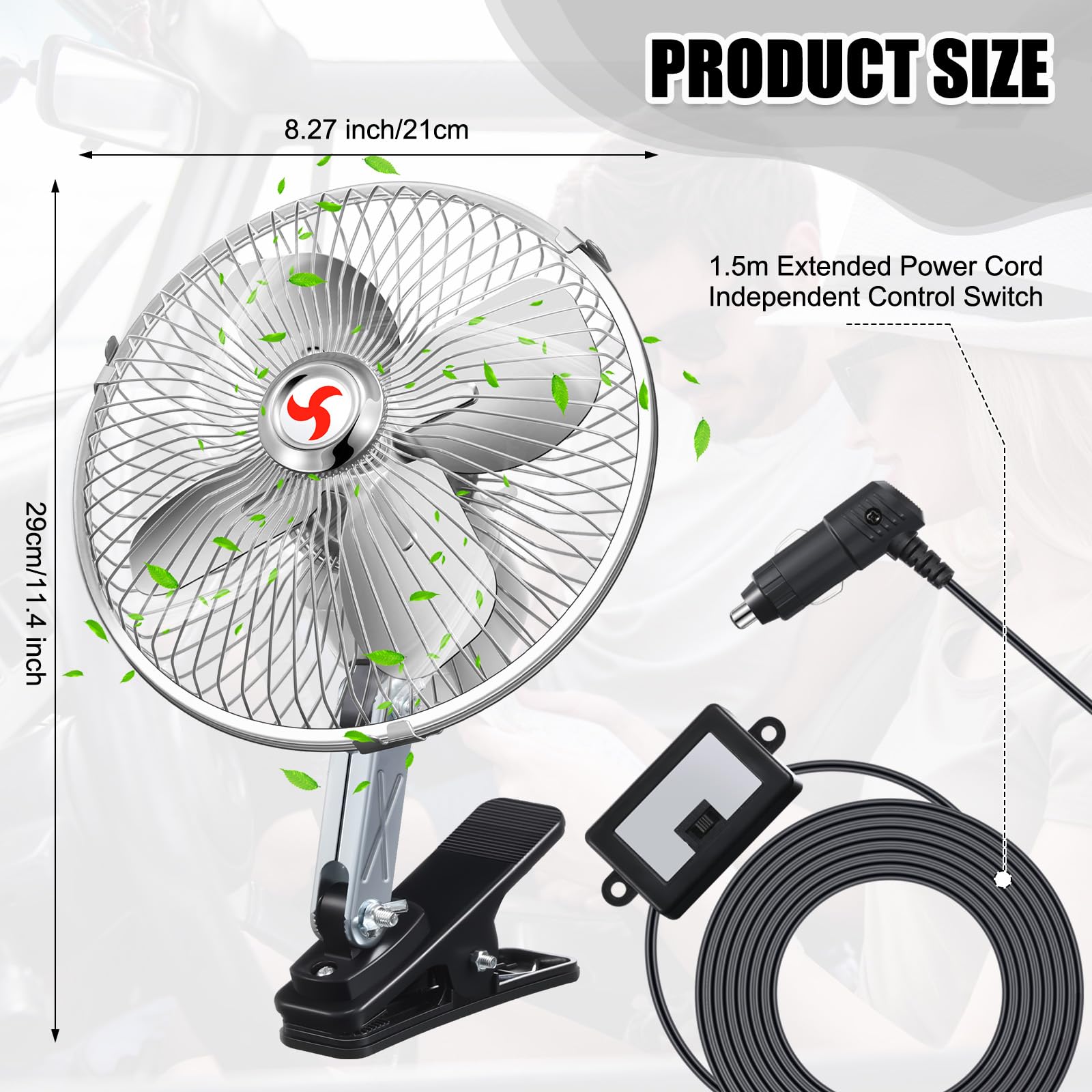 Tujoe Confezione da 2 ventole per accendisigari da 12 V, con rotazione a 360 gradi, in metallo, portatili, per camion, camper, golf, cart, autobus, trattori (20,3 cm)