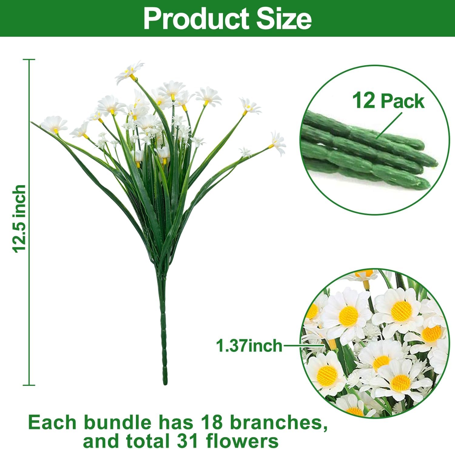 12 Bundles Artificial Daisy Flowers for Outdoors Spring Summer Decor, UV Resistant Fake Flowers Faux Plastic Greenery Shrub Plants for Outside Home Gardens Porch Planter Indoor Cemetery Décor(White) - Image 3