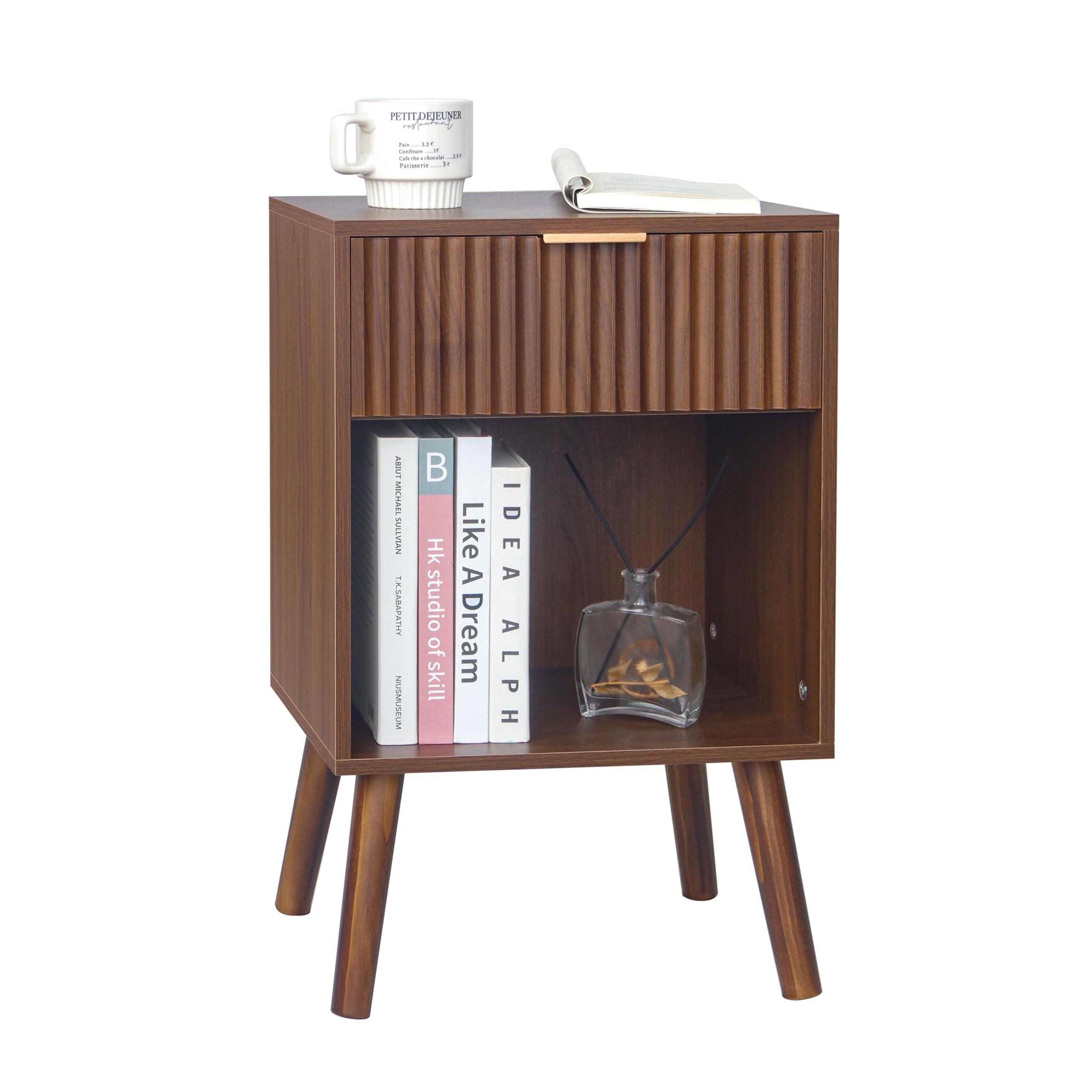 Fultyle Walnut Nightstand, Fluted Bedside Table with Drawer and Open Shelf