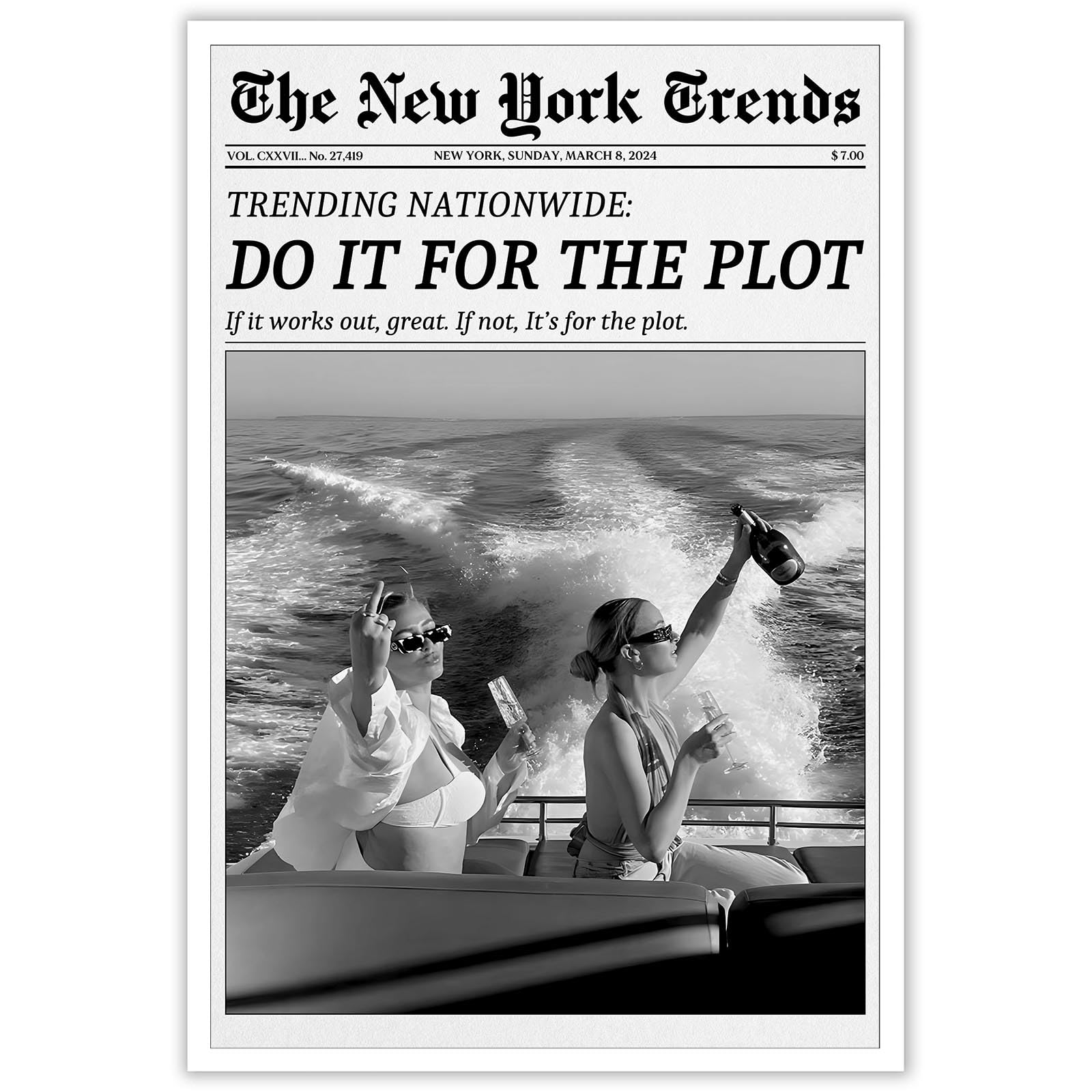 FBKDVC Funky Girl Aesthetic Preppy Poster Trendy Black And White Newspaper Print Do It For The Plot Hot Girls Canvas Wall Art Vintage Times Magazine Print For Bar Cart Girly Dorm 16x24in Unframed
