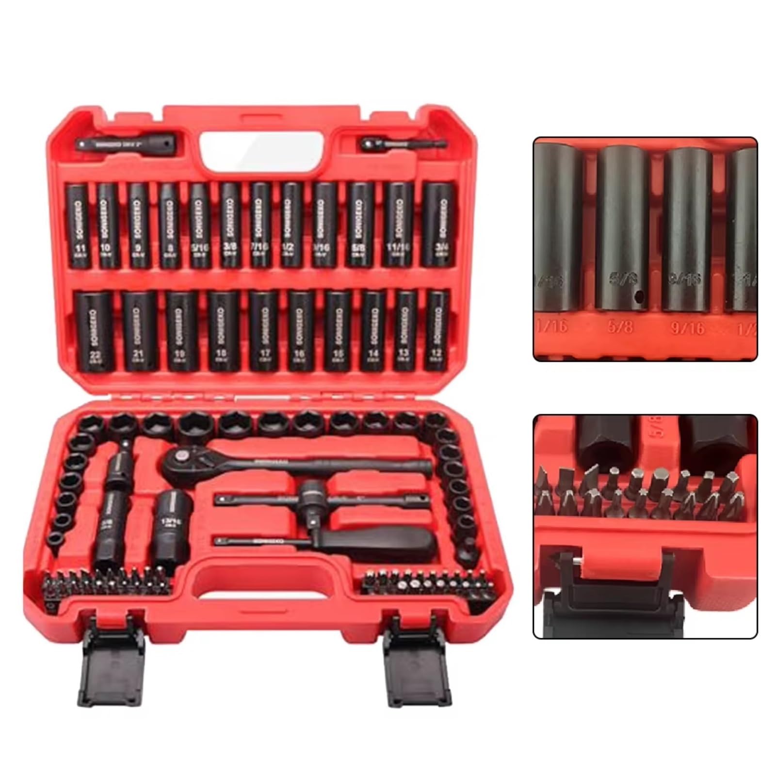 Cassetta Attrezzi Completa Set Da 95 Pezzi Di Chiavi A Cricchetto Metriche E Per Misure Imperiali Da 72 Denti 3/8" Con Impugnatura A Cricchetto Metriche E Per Misure Imperiali