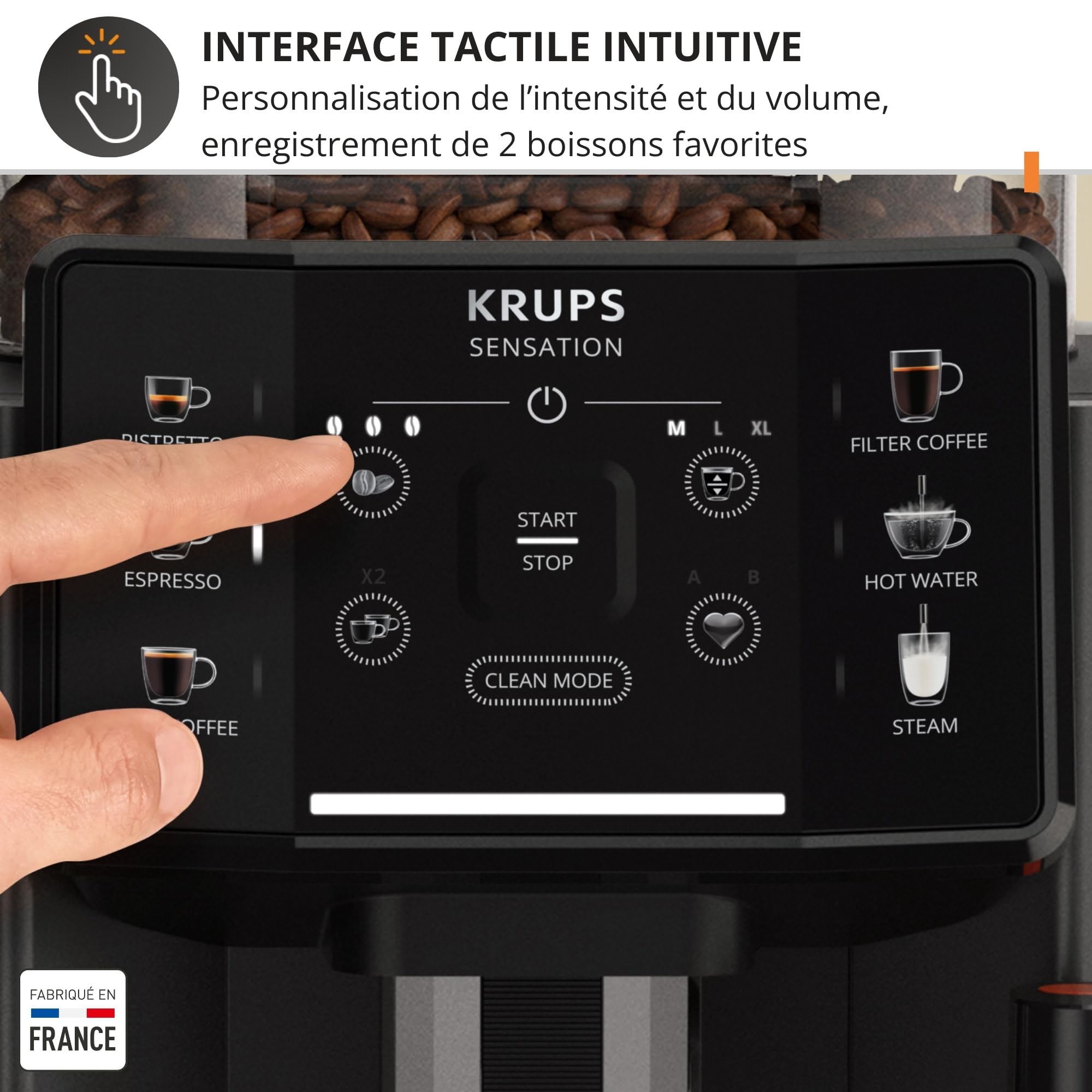 Krups Sensation C50, Machine à café grains, Expresso automatique, 5 boissons, Interface tactile, Facile à utiliser, Nettoyage automatique, Buse vapeur Cappuccino, EA910810