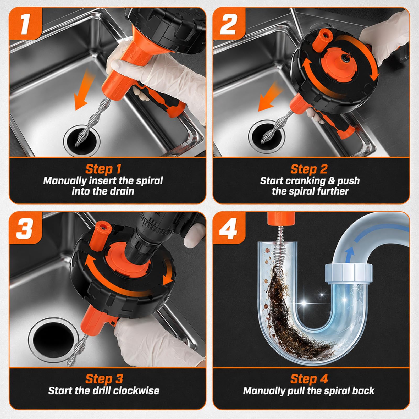 Rohrreinigungsspirale 14m mit Bohraufsatz, 2-in-1 Manuell & Elektrisch, Rohrreiniger für Küche Bad Dusche, Flexible Stahlfeder zur Entfernung von Haaren Fett und Verstopfungen, DIY Werkzeug Set