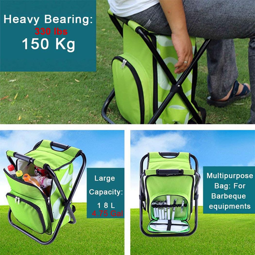 UISTRENGH Folding Large Size 3 in 1 Multifunctional Fishing Backpack Chair Stool with Cooler Insulated Picnic Bag Portable for Hiking Camping Travel BBQ Trekking (Light Green)