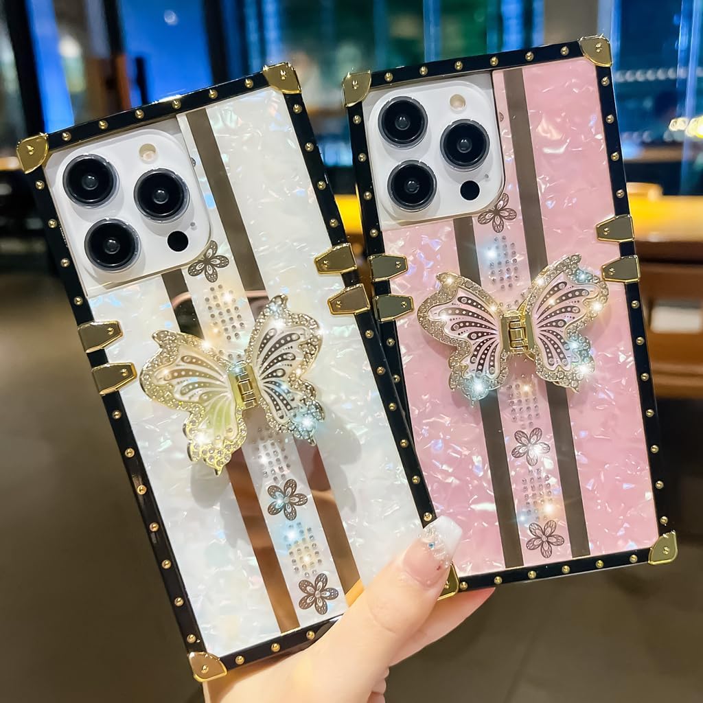 Cute Compatible with iPhone 15 Plus Case, Luxury Bling Butterfly Design with Foldable Stand Kickstand for Women & Girls, Flexible Shockproof Protective Case 6.7” (Pink) - Image 2