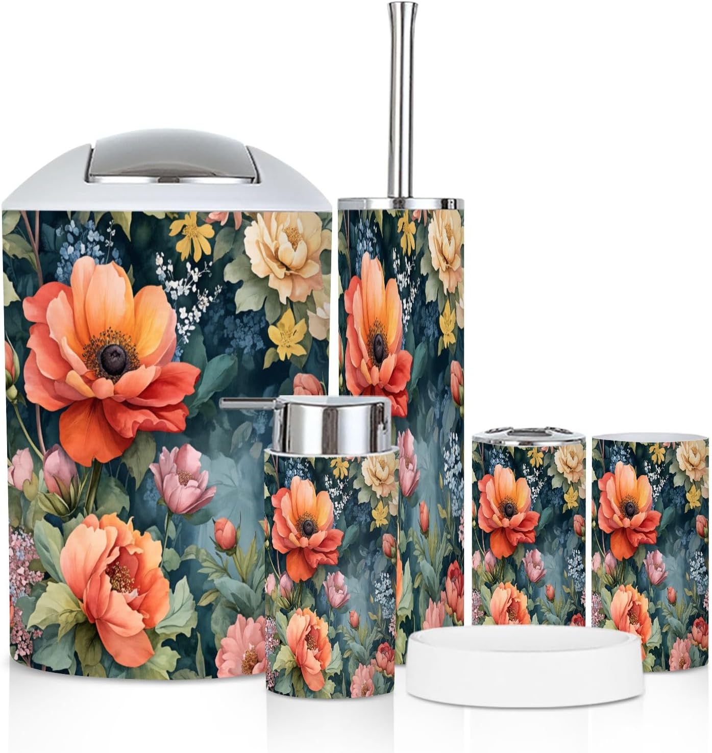 Bathroom Accessory Set 6 Piece Rose Black White Red Floral Abstract Rose Flowers Rustic Trash can, Toothbrush Holder, Soap Dispenser, Soap Dish, Toothbrush Cup, Toilet Brush Holder