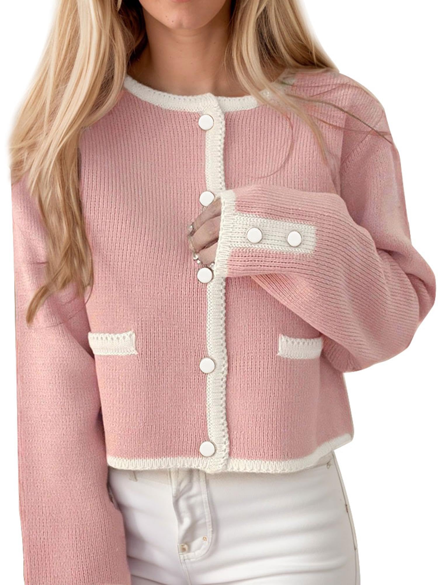 Womens Autumn and Winter Long-Sleeved Short Button-Decorated Cardigan