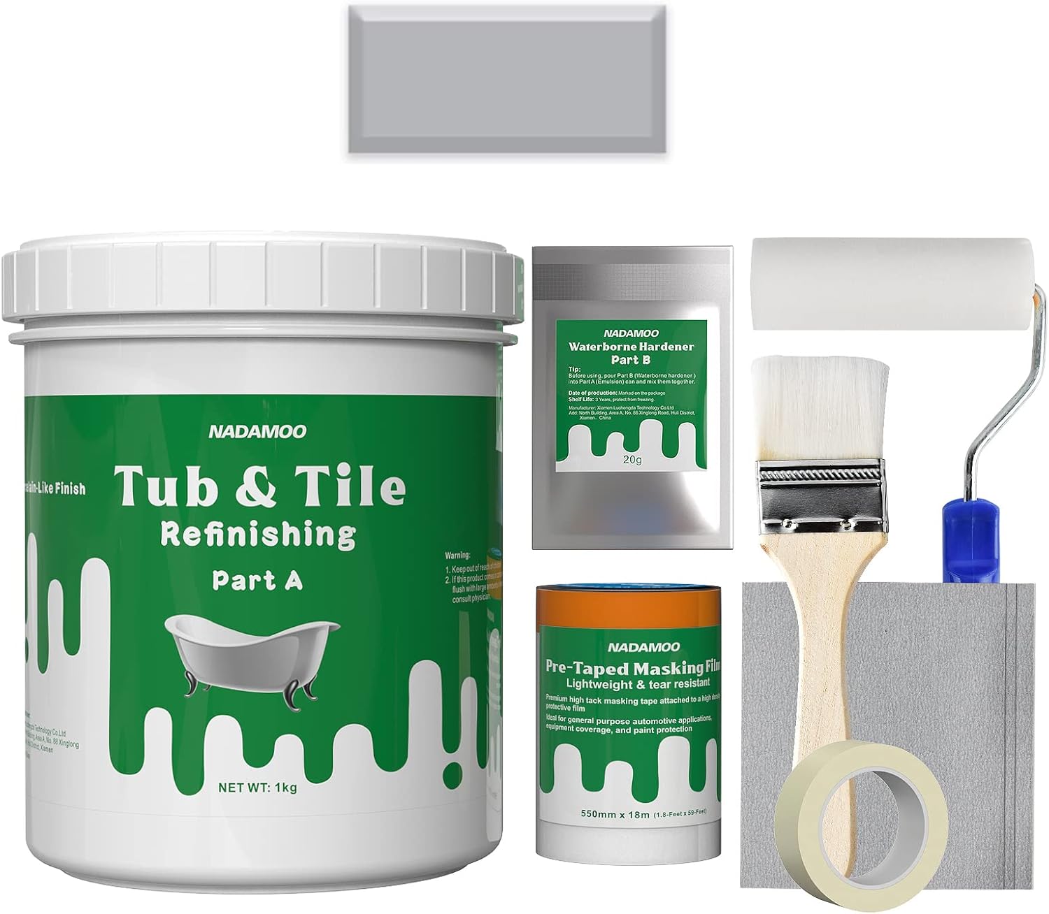 NADAMOO Tub and Tile Refinishing Kit Light Gray With Tools，1kg / 35 oz Emulsion and 20g Hardener