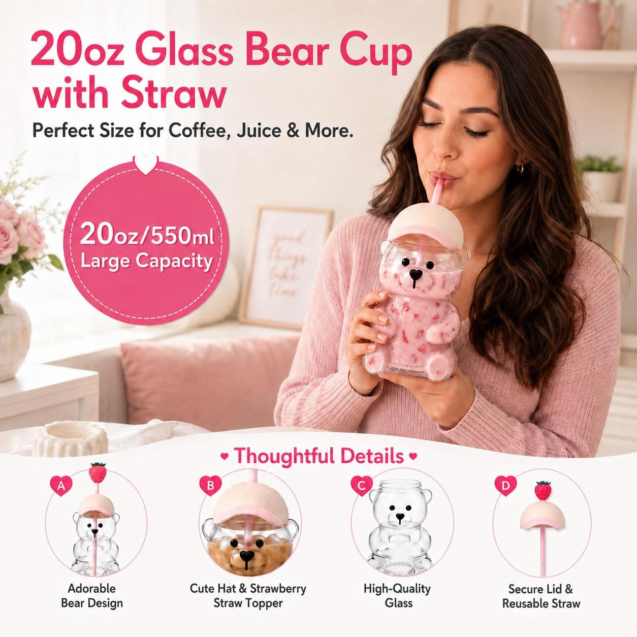 Glass Bear Cup with Straw & Lid, 20oz for Coffee & Shakes