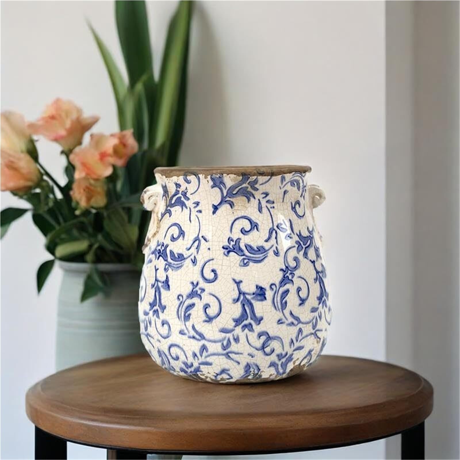 Vintage doniczka na rośliny vintage, pojemnik na rośliny z otworem drenażowym, kwiat pęknięcie lód ceramiczna dekoracja ogrodowa (szary)