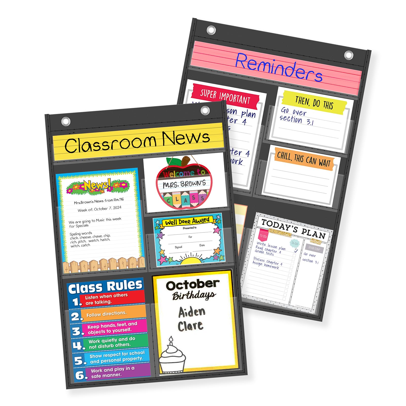 ALSLEA 2 Piece Black Pocket Chart for Classroom Resources, News, Cards, Assignments, Posters, Anchore Charts, Drawing, Pictures Display, 6 Pockets Preschool Bulletin Board Hanging Chart (No Cards)