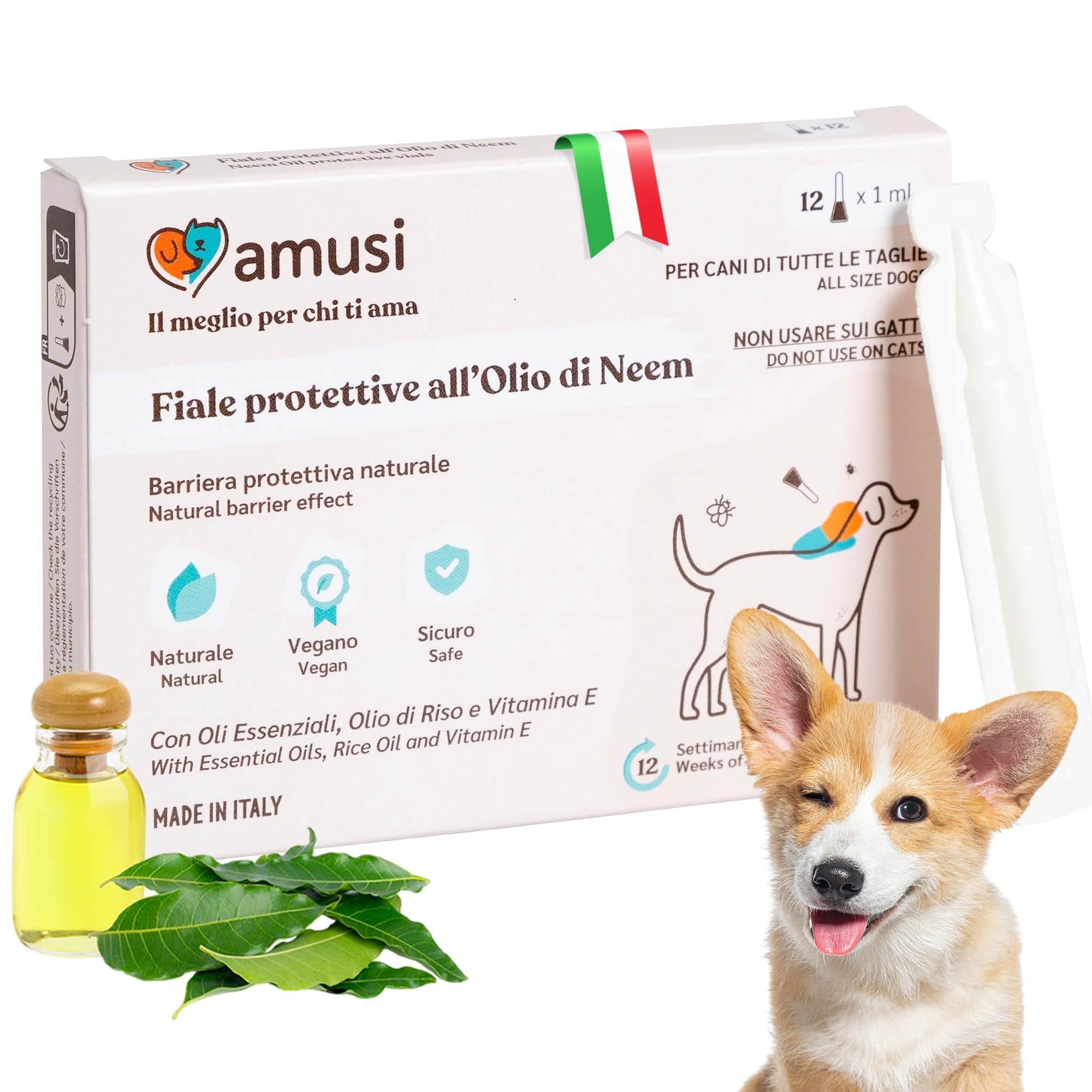 amusi Fiale Protettive Olio di Neem per Cani- 12 Fiale da 1 ml - Anti Insetti Antipulci per cani - Pipette antiparassitario cani naturale - Lunga Durata e Protezione Naturale Effetto Scudo