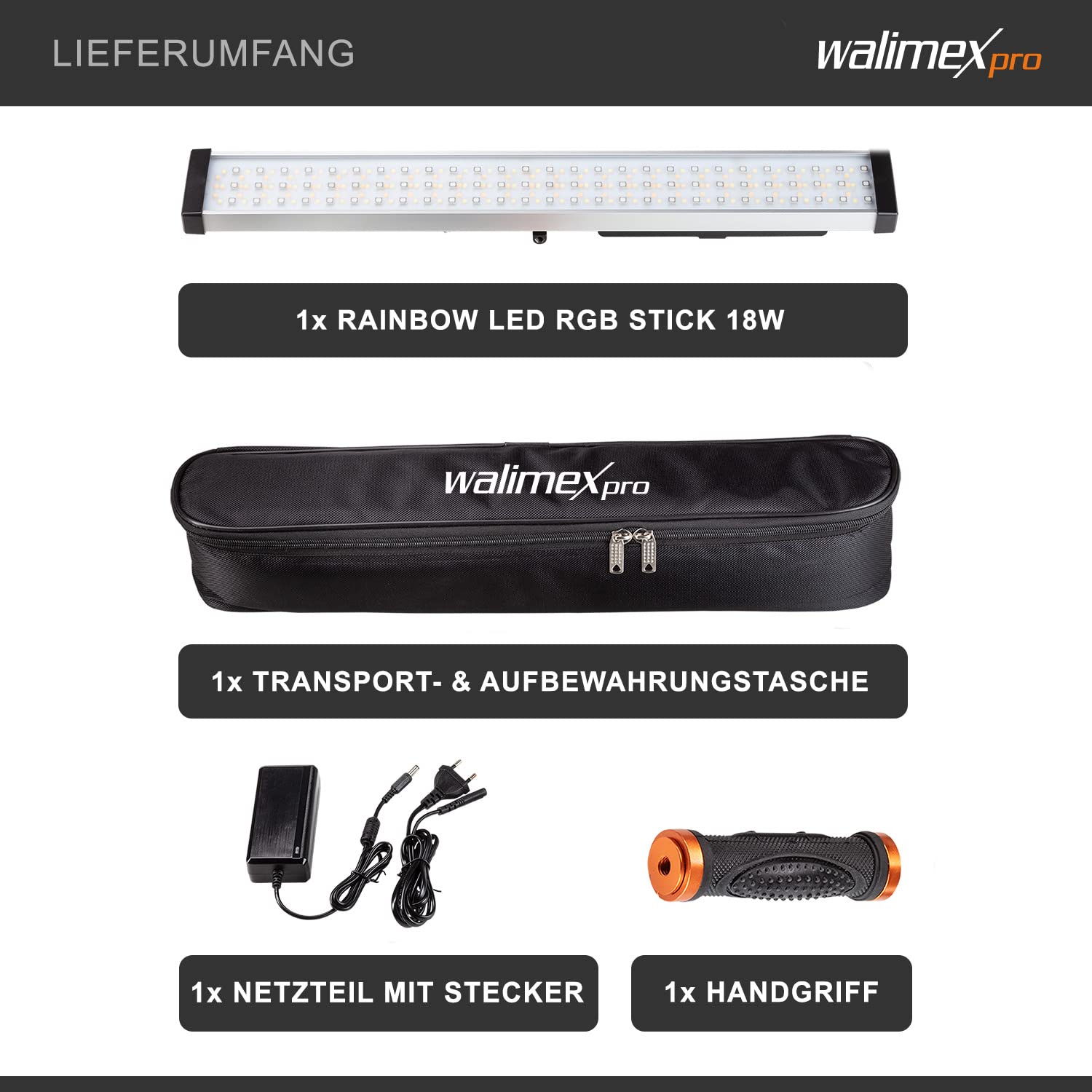 Walimex pro Rainbow Tubo LED fotografia RGB, barra luminosa da 18 W, luce da studio fotografico dimmerabile e bicolore, controllo tramite app